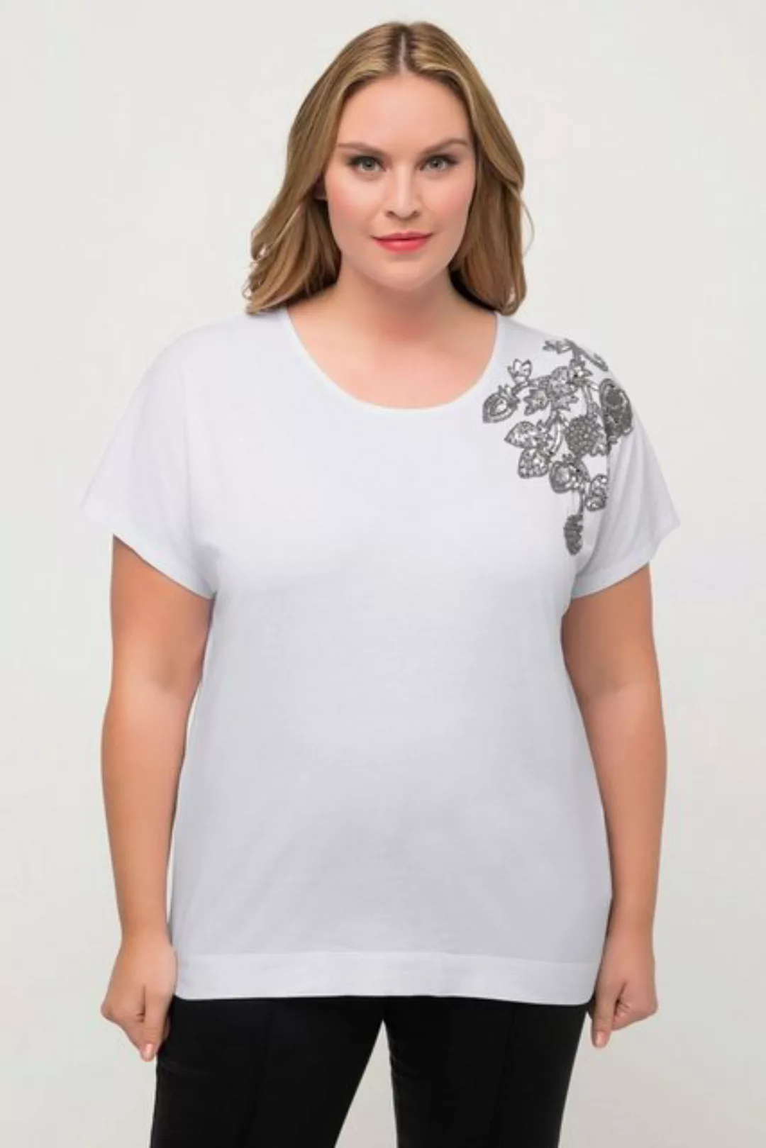 Ulla Popken T-Shirt T-Shirt Perlenstickerei Oversized Rundhals Halbarm günstig online kaufen