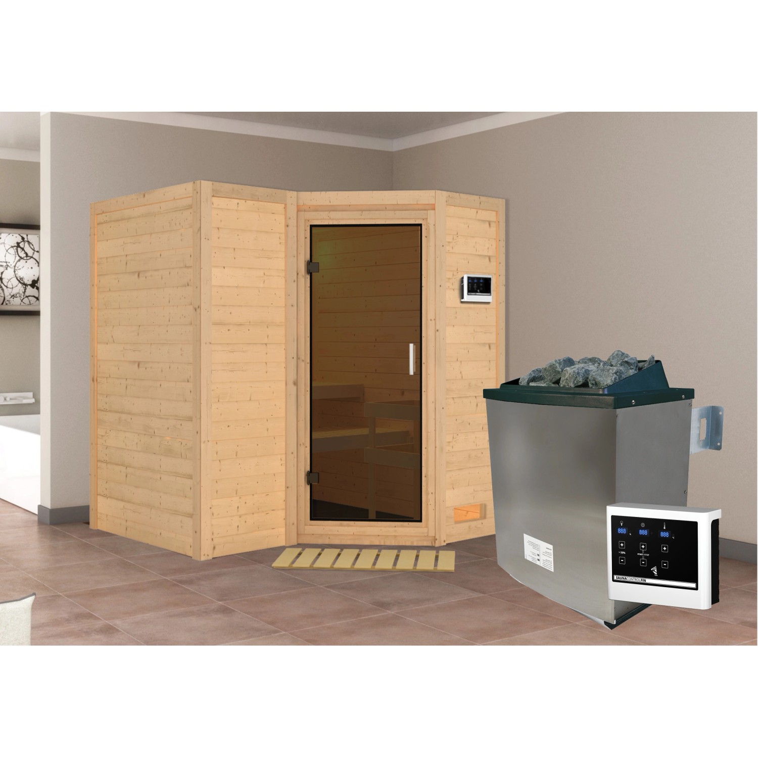 Woodfeeling Sauna-Set Steena 1 inkl. Ofen 9 kW mit ext. Steuerung, Tür Grap günstig online kaufen
