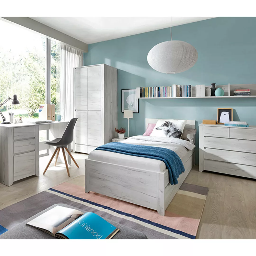 Jugendzimmer Set 7-teilig AMANTEA-129 mit Bett 90x200 in weiß Eiche günstig online kaufen
