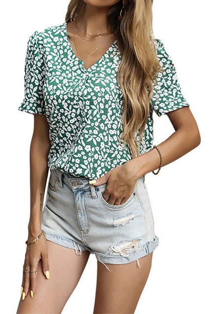 CHENIN Kurzarmhemd Damen Kurzarm Shirt bedruckt V-Ausschnitt Shirt Polka Do günstig online kaufen
