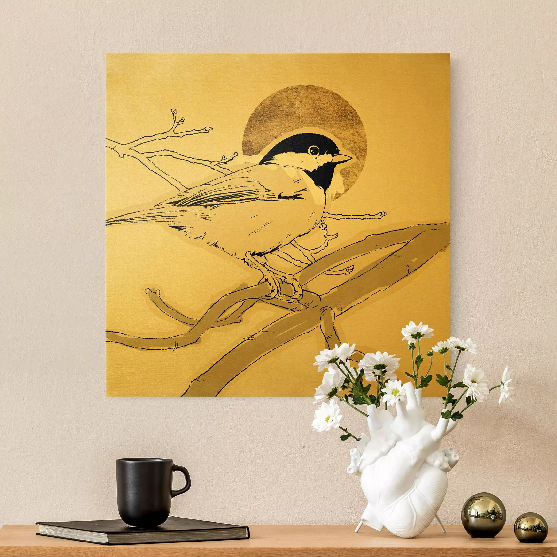 Leinwandbild Gold Vogel vor goldener Sonne I günstig online kaufen