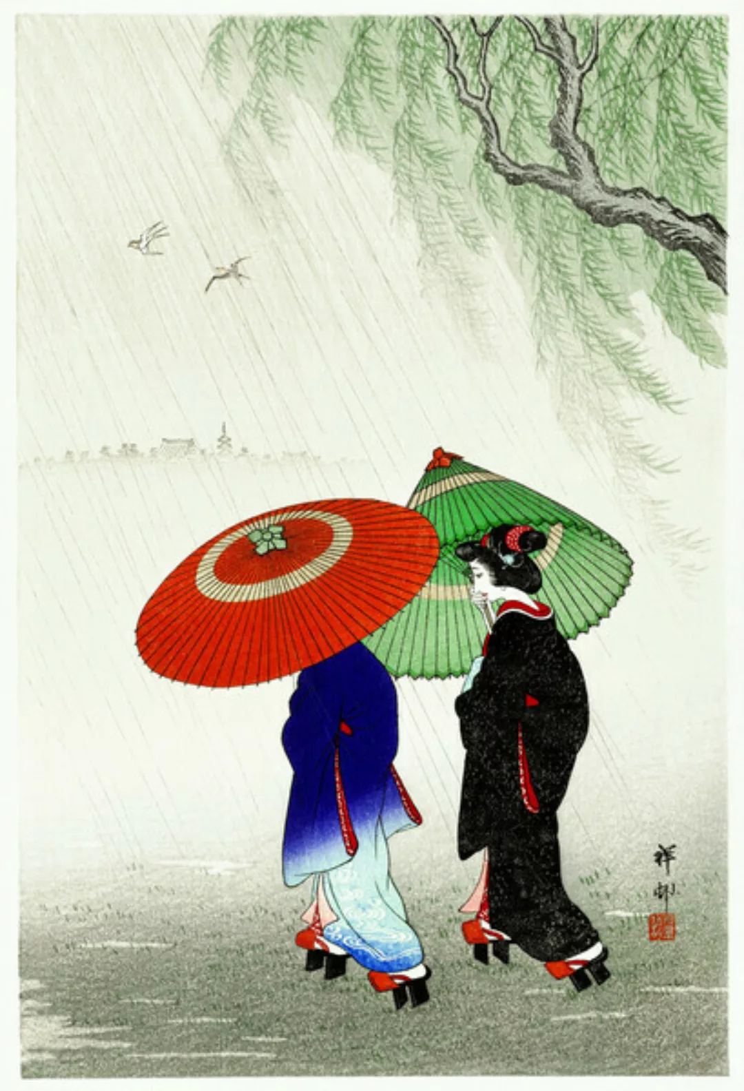 Poster / Leinwandbild - Zwei Frauen Im Regen Von Ohara Koson günstig online kaufen