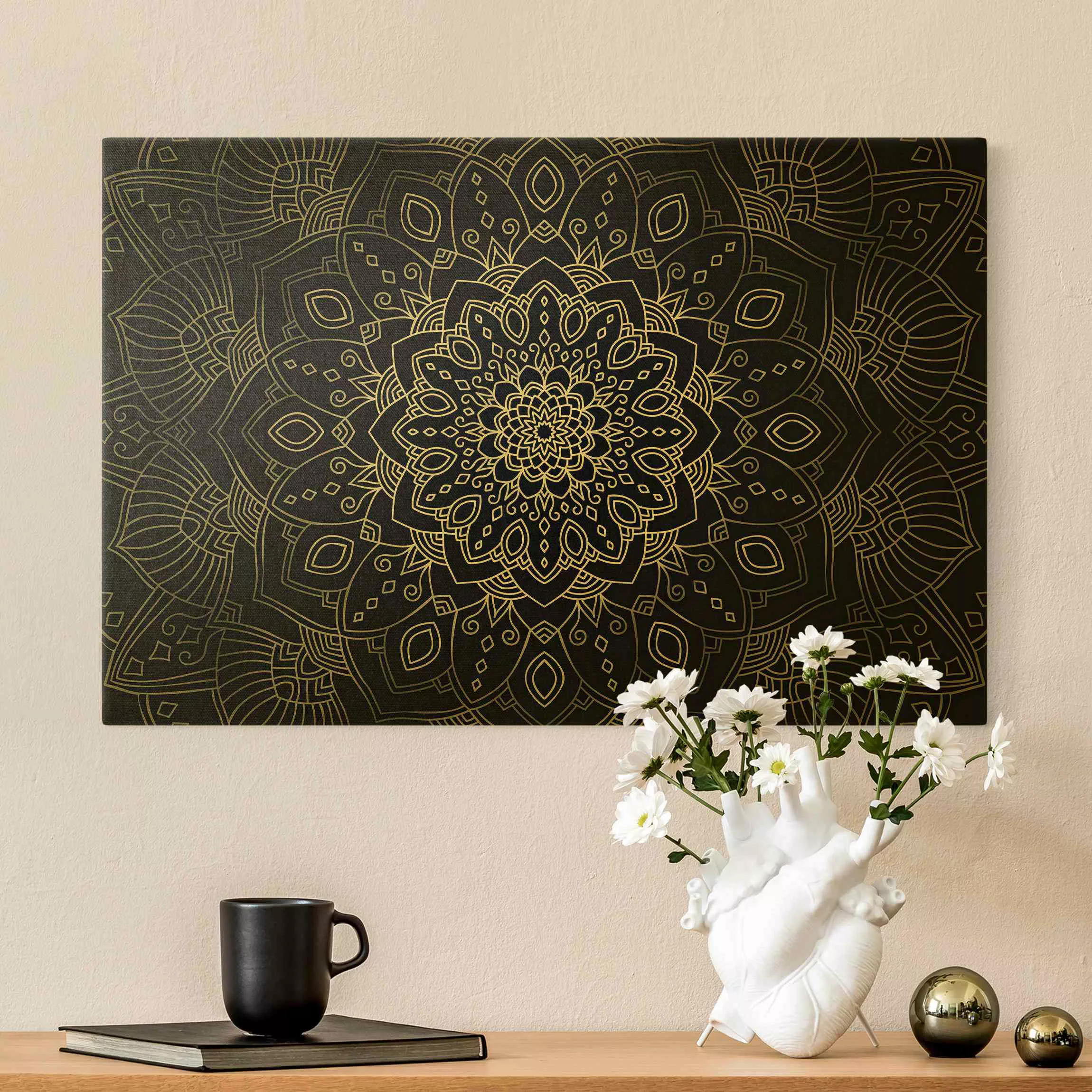 Leinwandbild Gold Mandala Blüte Muster silber schwarz günstig online kaufen