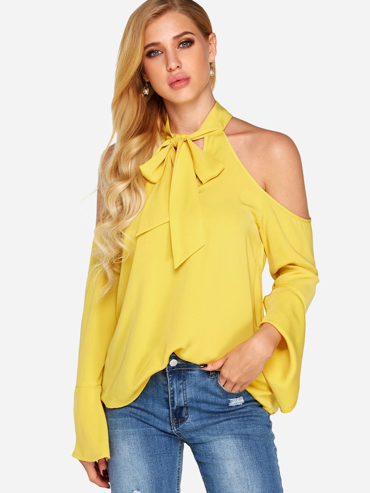 Gelbe, ausgeschnittene Bowknot-Einfarbige Neckholder-Blusen mit langen Ärme günstig online kaufen