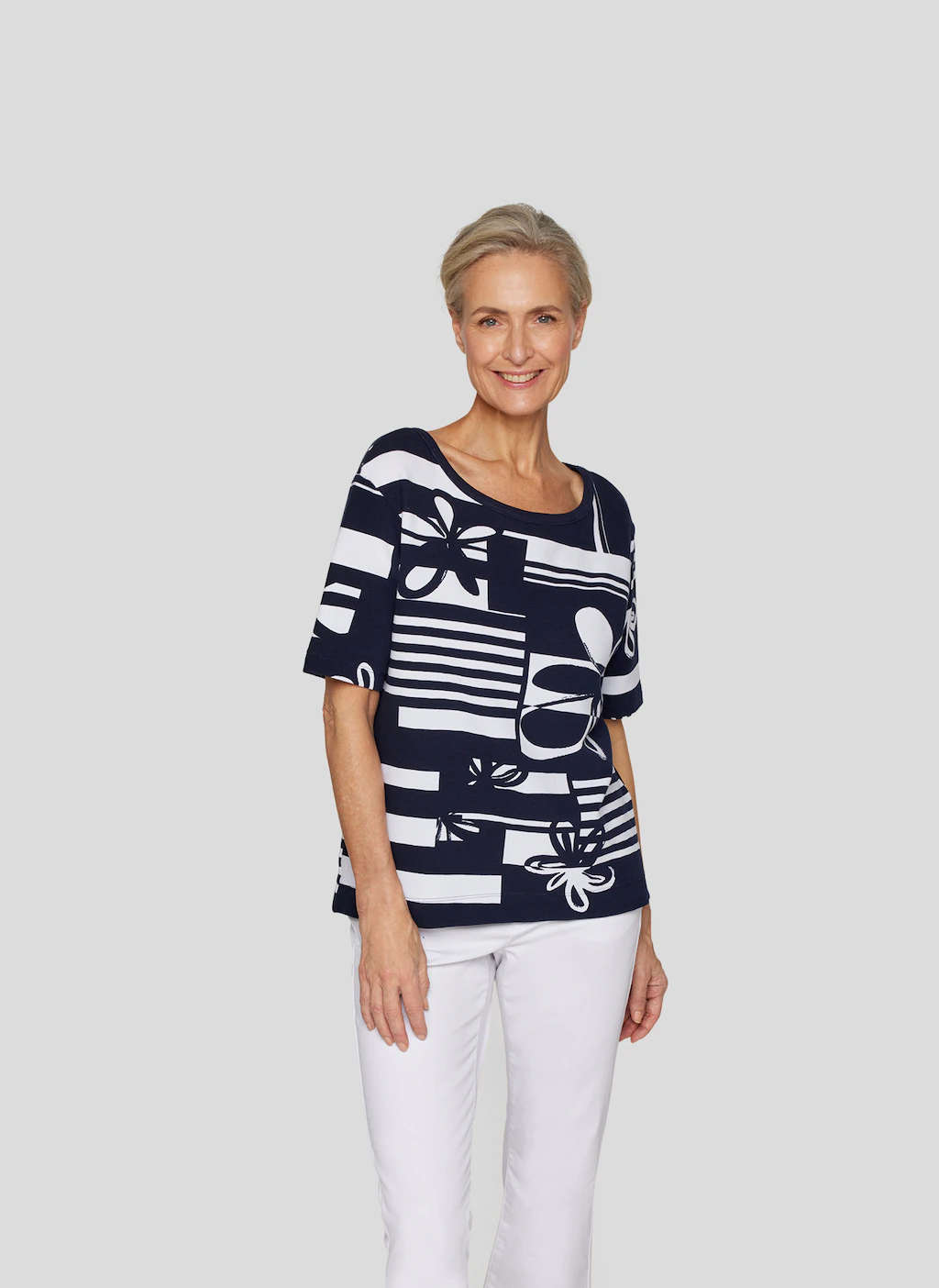 Rabe Rundhalsshirt, im Streifen-Design und mit floralem Muster günstig online kaufen