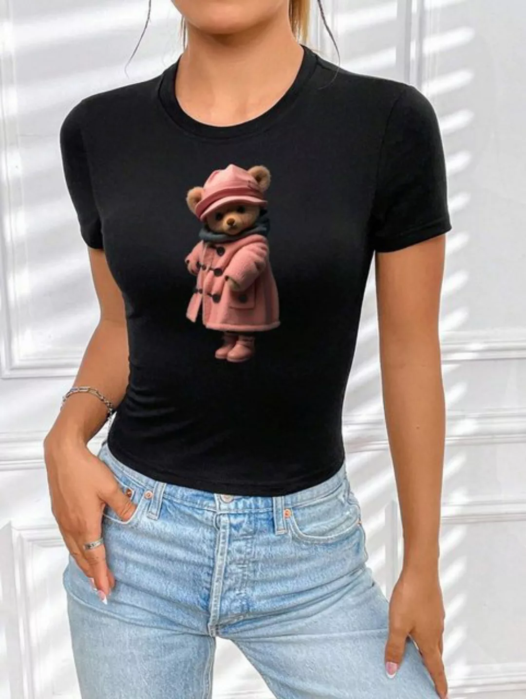 RMK Kurzarmshirt Damen T-Shirt kurzarm Top Sommer Rundhals süßer Teddybär B günstig online kaufen