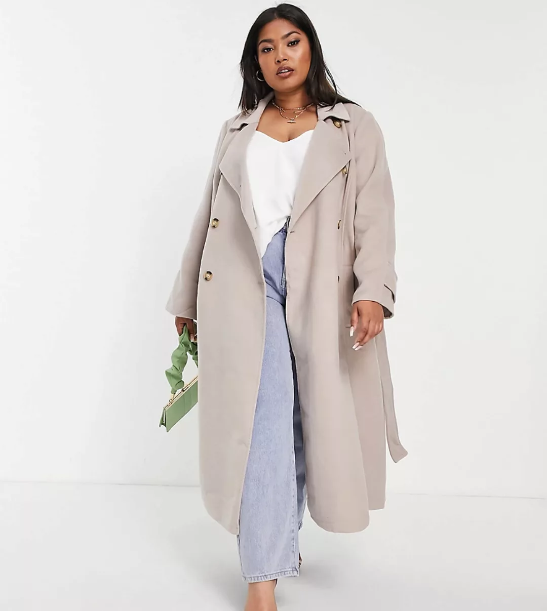 Forever New Curve – Trenchcoat in Stein mit Gürtel und Knöpfen in Schildpat günstig online kaufen