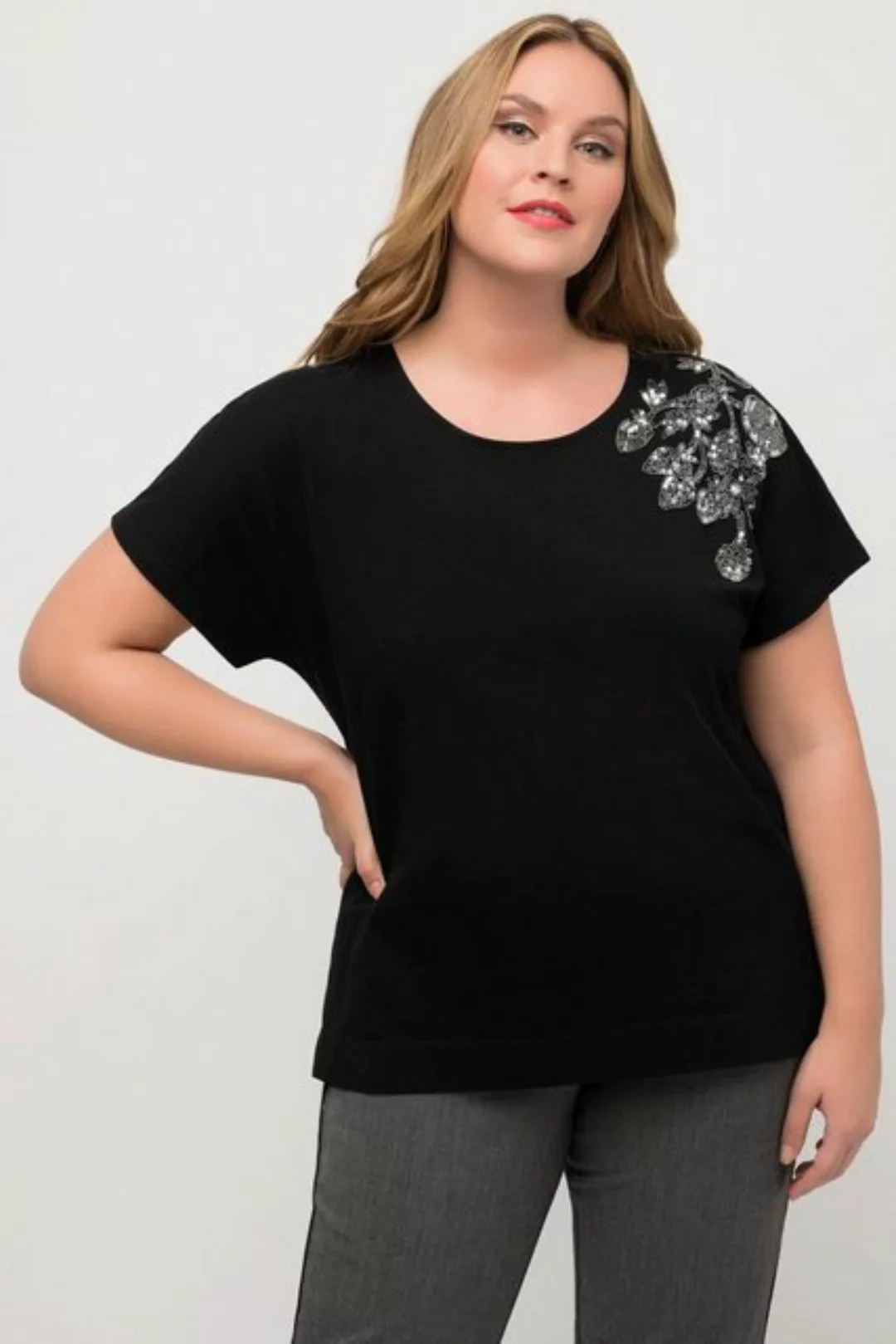 Ulla Popken Rundhalsshirt T-Shirt Perlenstickerei Oversized Rundhals Halbar günstig online kaufen