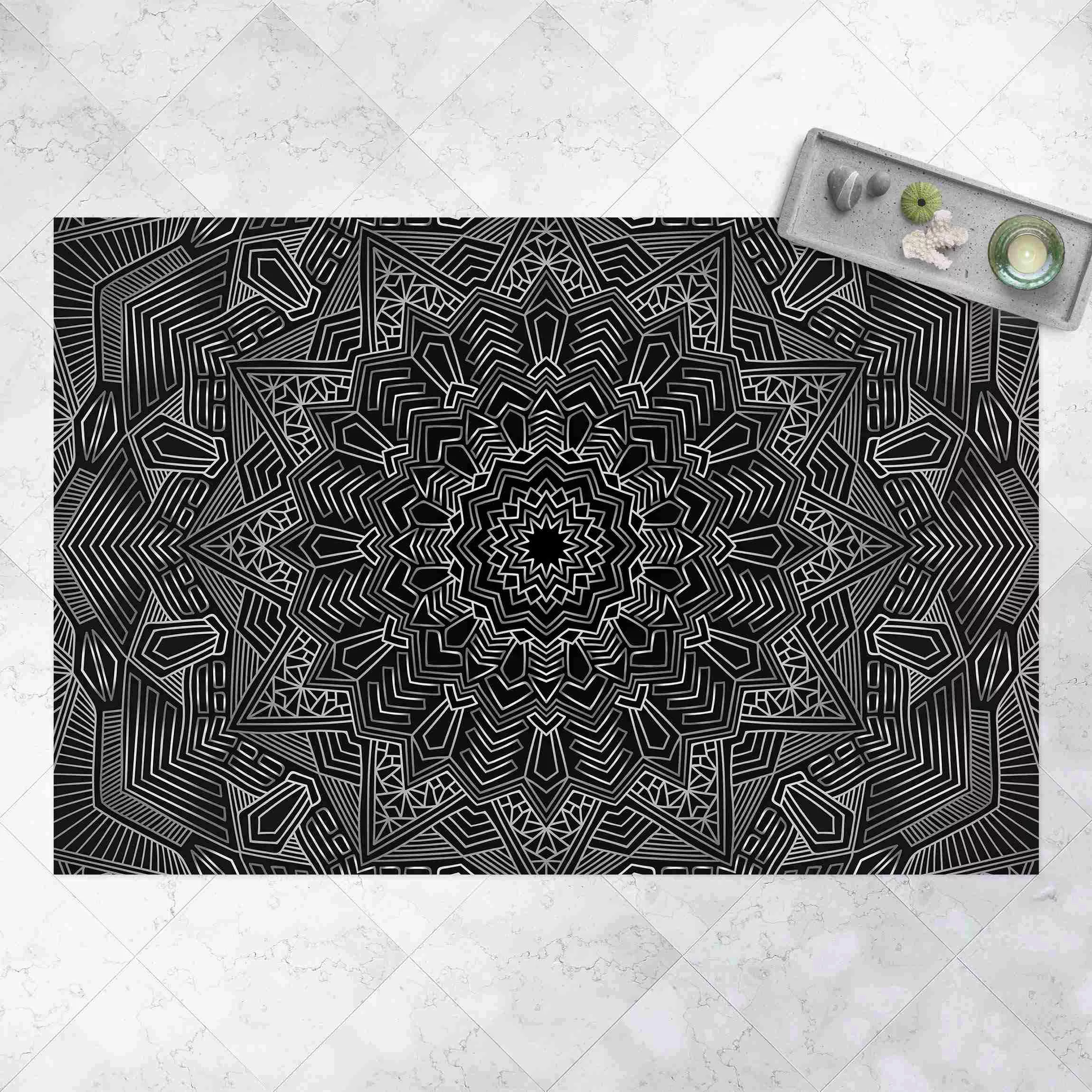 Vinyl-Teppich Mandala Stern Muster silber schwarz günstig online kaufen