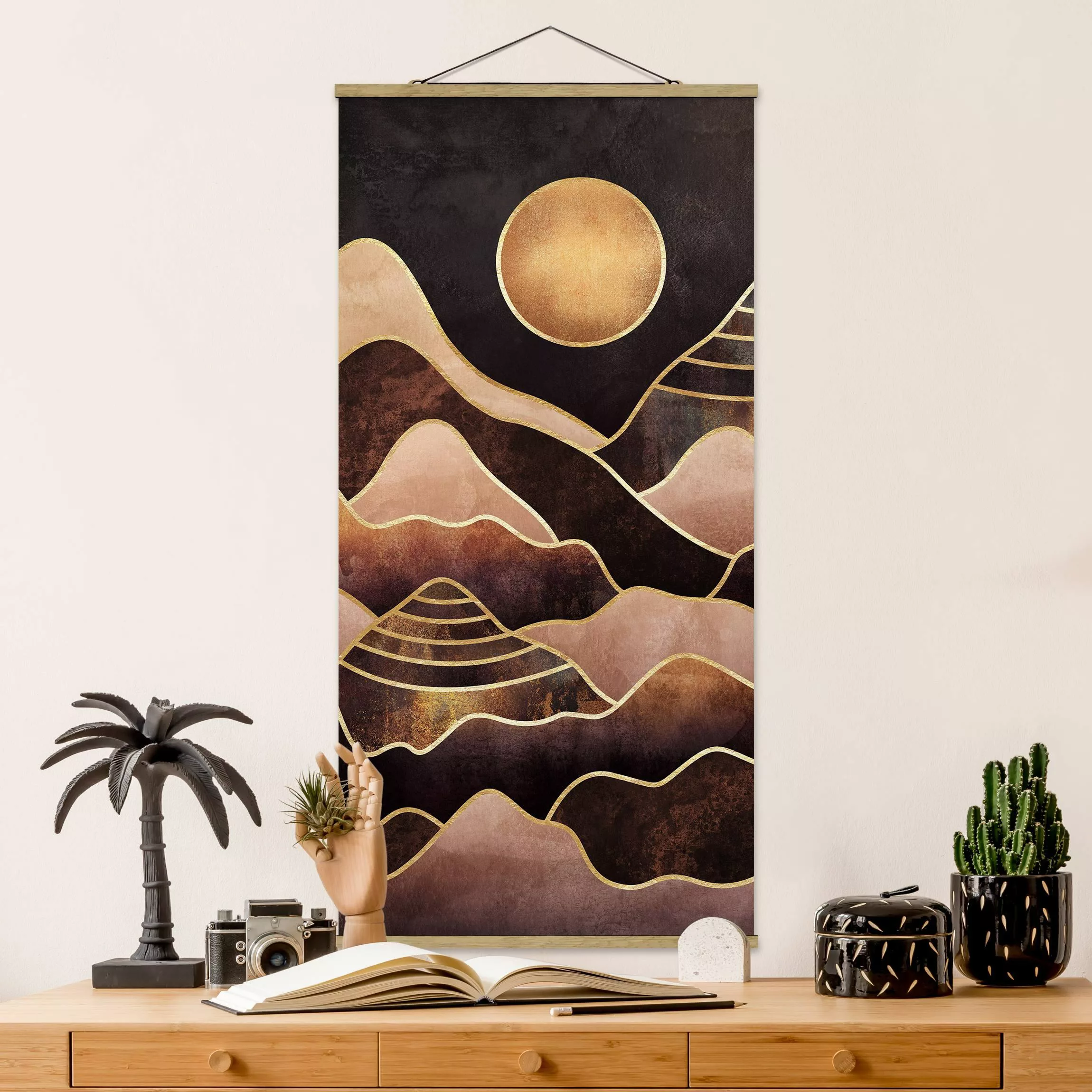 Stoffbild Abstrakt mit Posterleisten - Hochformat Goldene Sonne abstrakte B günstig online kaufen
