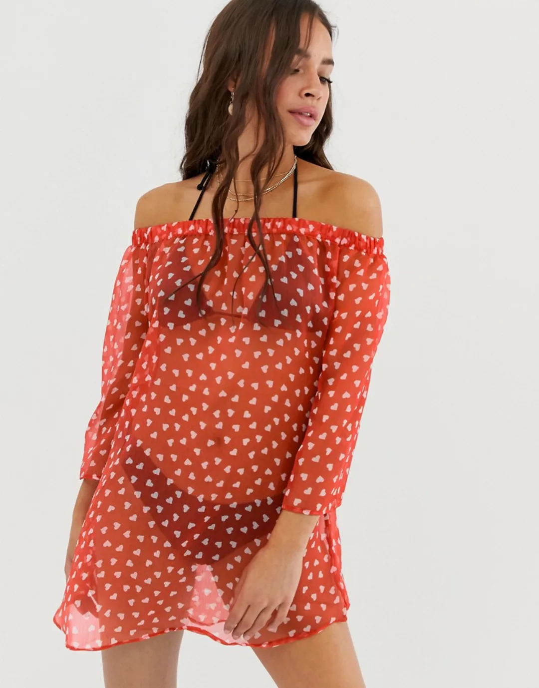 Brave Soul – Strandkleid mit Carmen-Ausschnitt und Herzmotiv-Rot günstig online kaufen