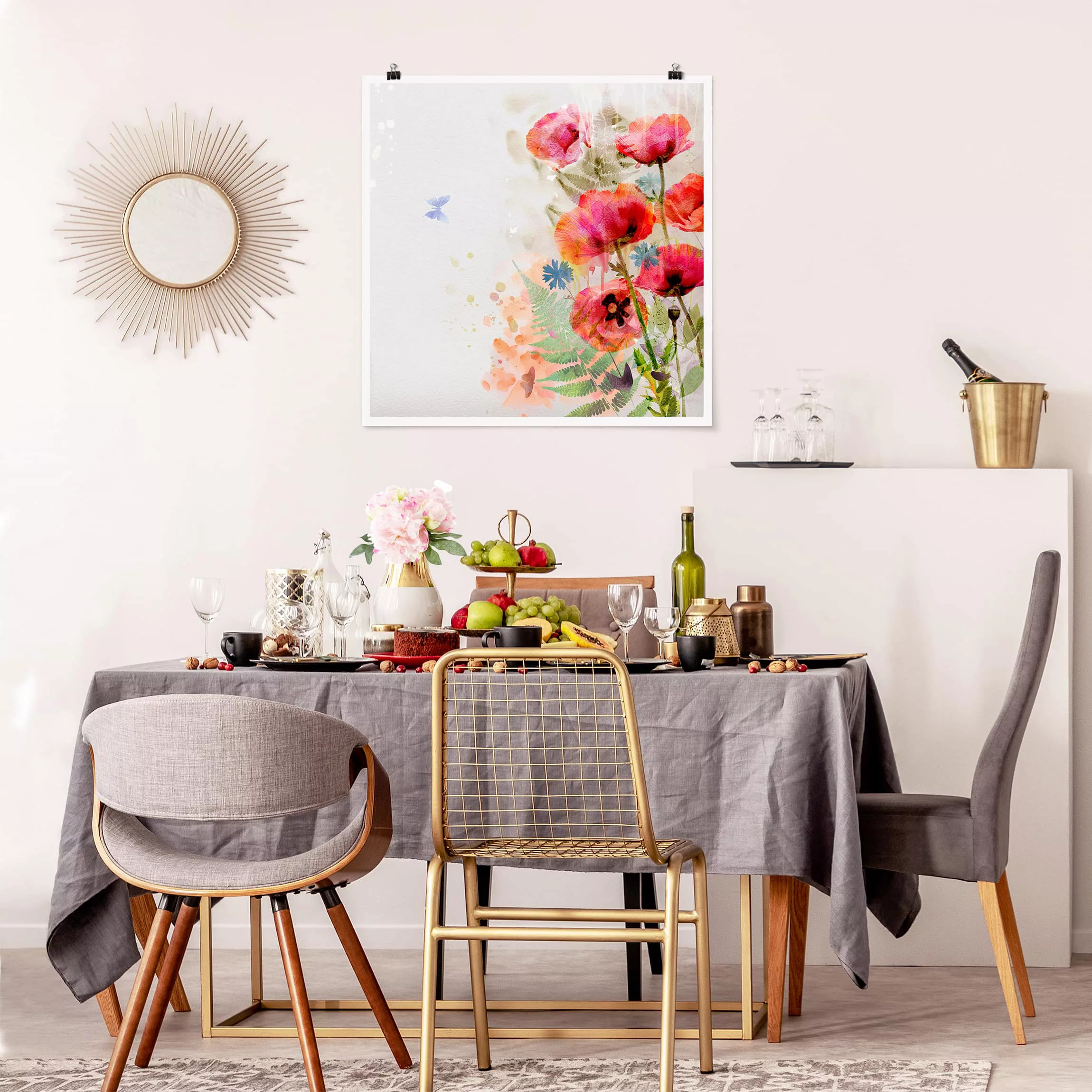 Poster Blumen - Quadrat Aquarell Blumen Mohn günstig online kaufen