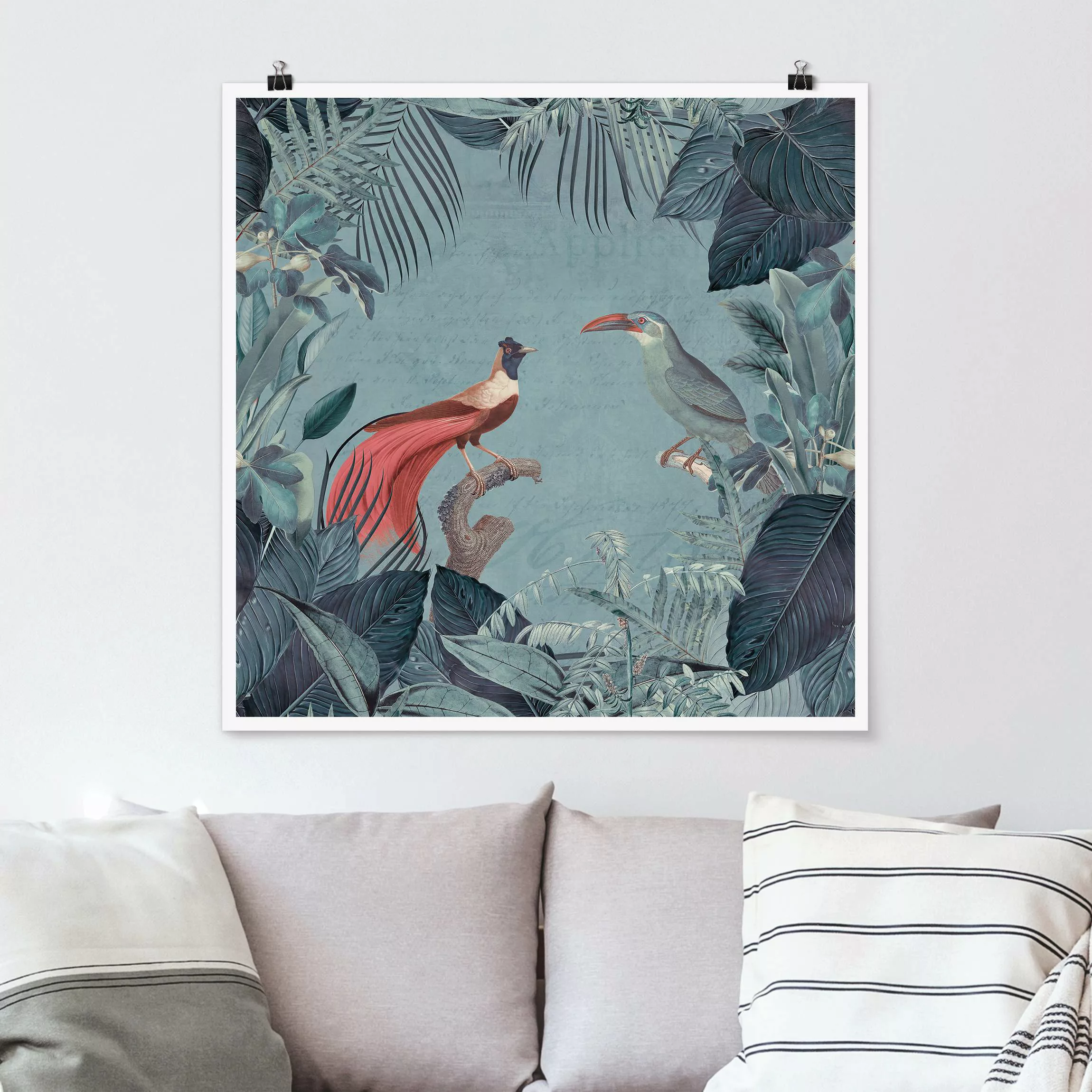 Poster Blaugraues Paradies mit tropischen Vögeln günstig online kaufen