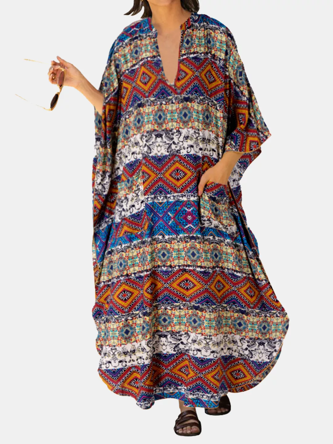 Ethnic Print Batting Sleeve Loose Vintage Maxi Kleid Für Damen günstig online kaufen