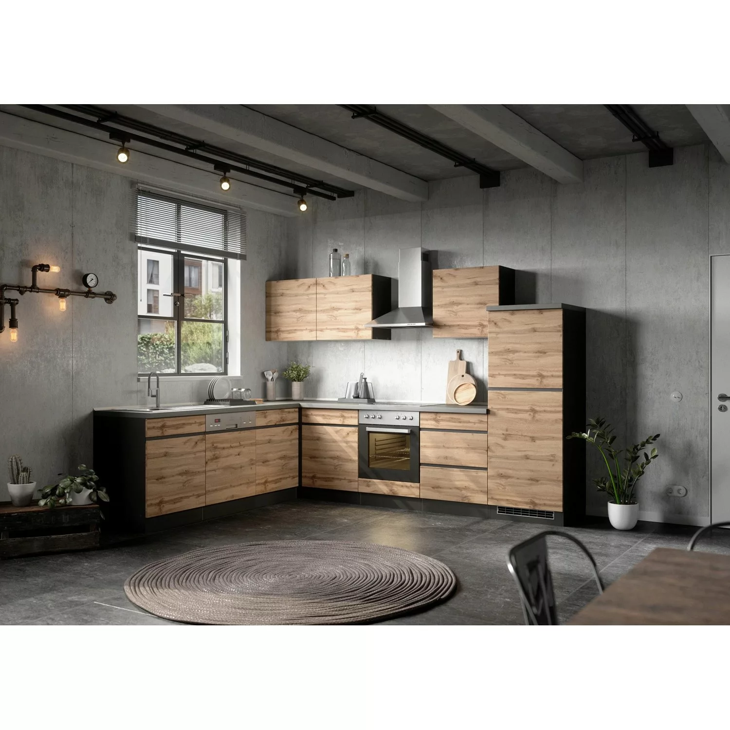 Held Möbel Winkelküche/L-Küche Turin 240 x 300 cm Wotaneiche-Graphit mit E- günstig online kaufen