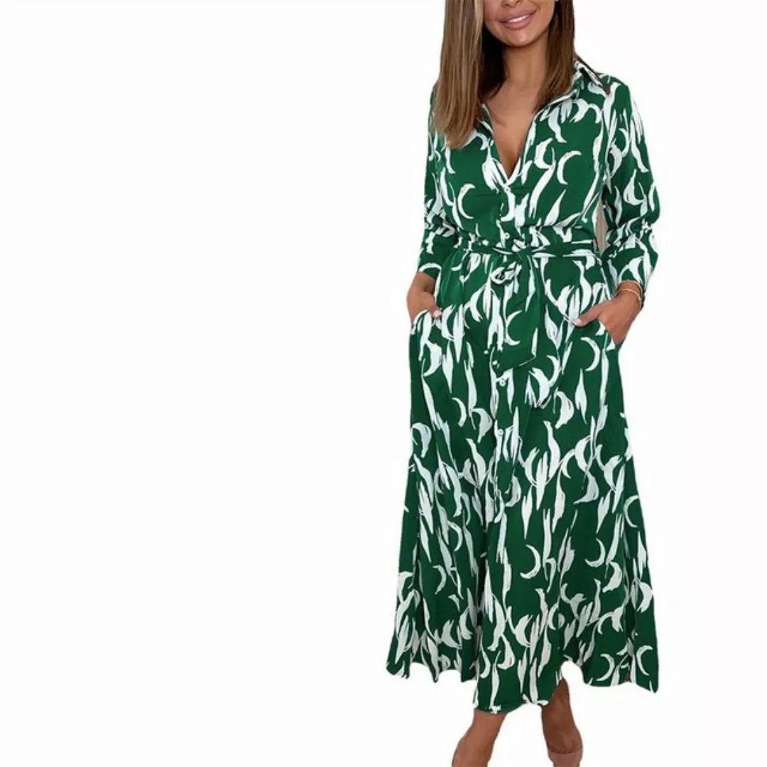 RUZU UG Dirndl Sommerliches, lässiges, bedrucktes langes Kleid mit Hemdkrag günstig online kaufen