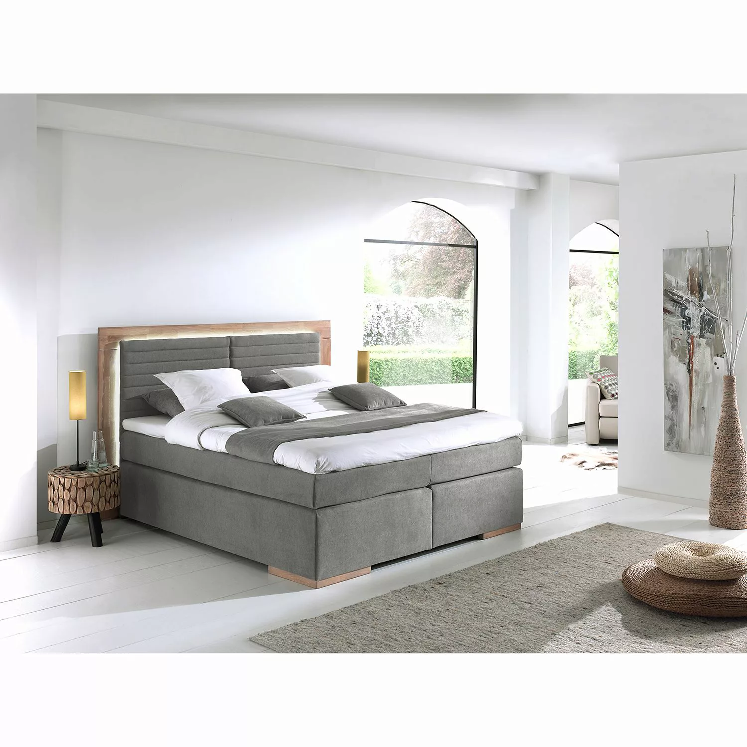 home24 Naturoo Boxspringbett Marcel I 160x200 cm Webstoff/Massivholz Eiche günstig online kaufen