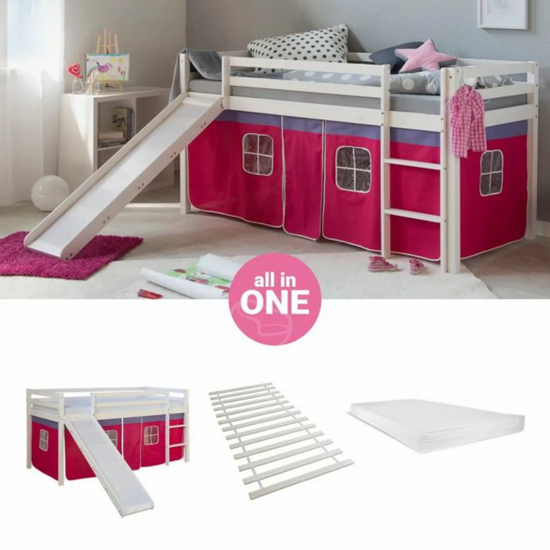 Homestyle4u Hochbett 90x200 cm Kinderbett Weiß Kiefer mit Vorhang Pink mit günstig online kaufen