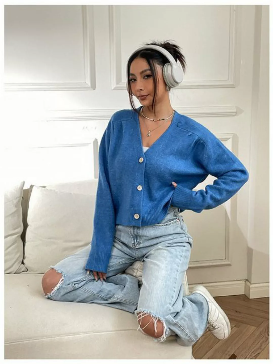 RUZU UG Langmantel Einfache Strickjacke V-Ausschnitt,Lockere Pulloverjacke günstig online kaufen