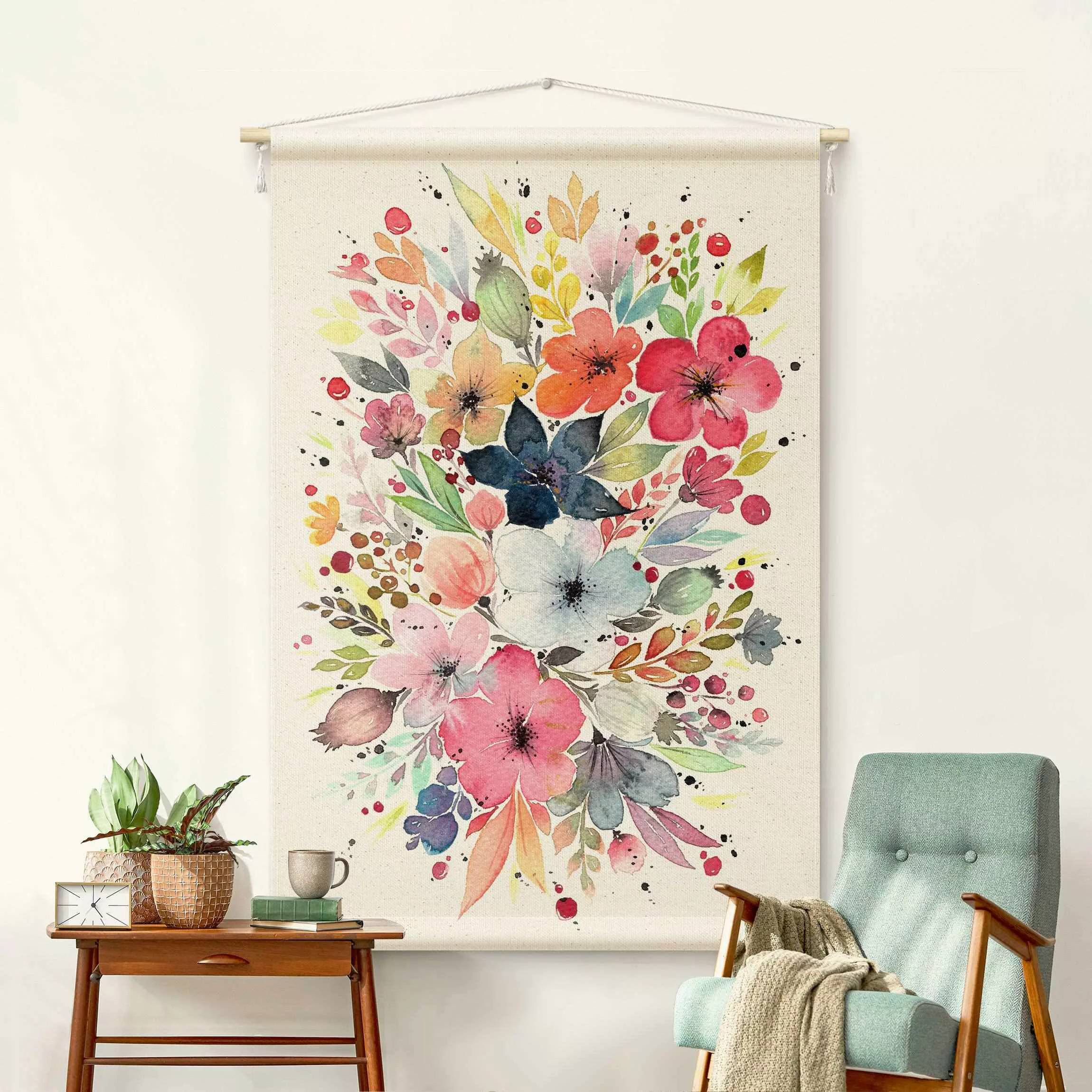 Wandteppich Esther Meinl - Farbenfrohe Aquarell Blumen günstig online kaufen