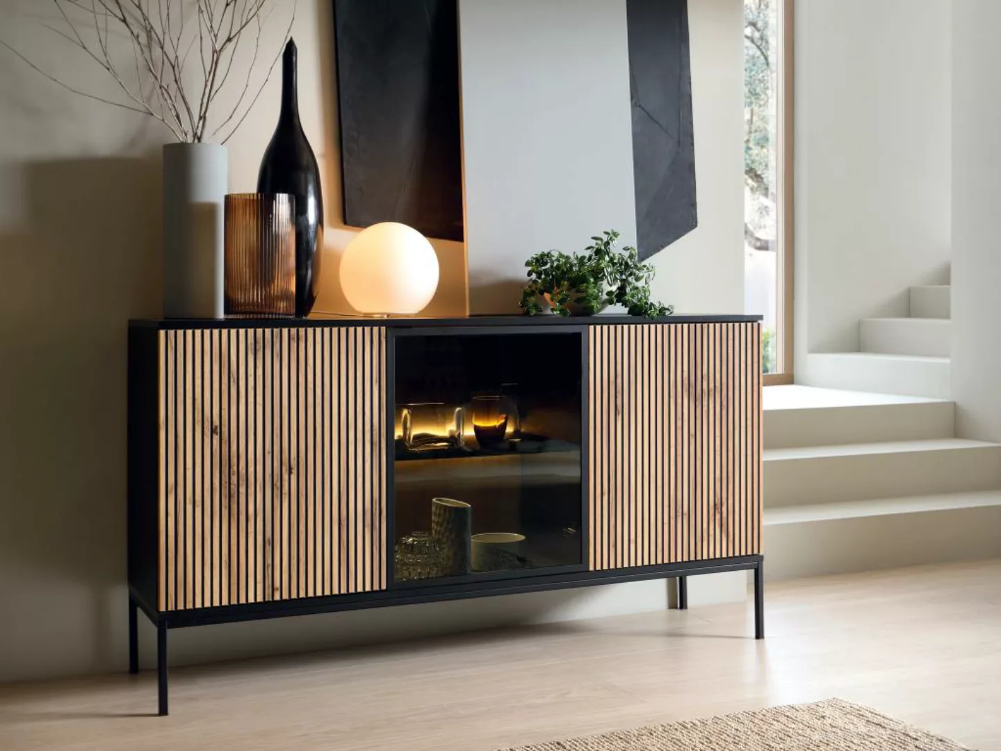 Sideboard - 3 Türen - mit LED-Beleuchtung - MDF & Rauchglas - Schwarz & Hol günstig online kaufen