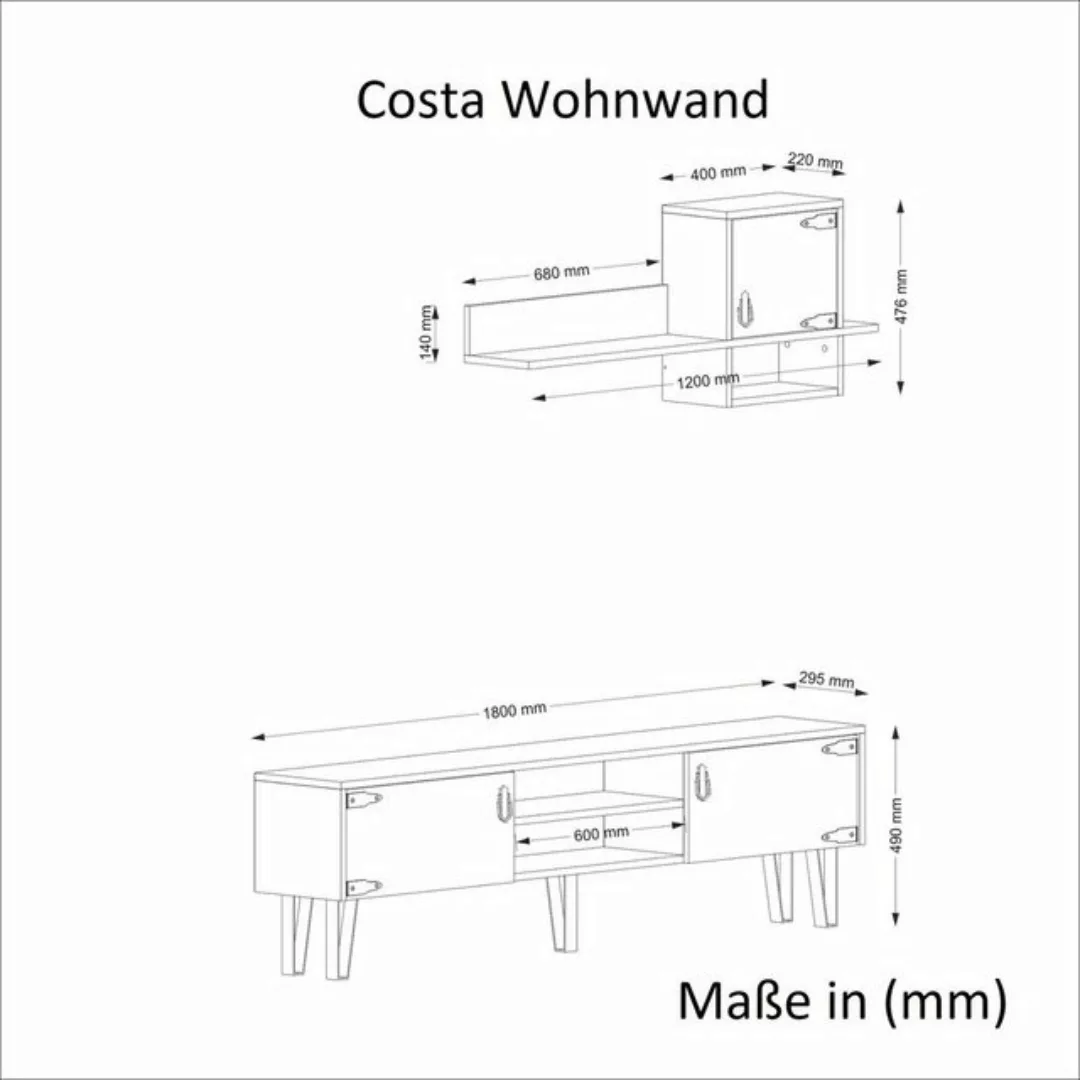 Wohnwand Costa Eiche Nachbildung B/H/T: ca. 180x49x29,5 cm günstig online kaufen