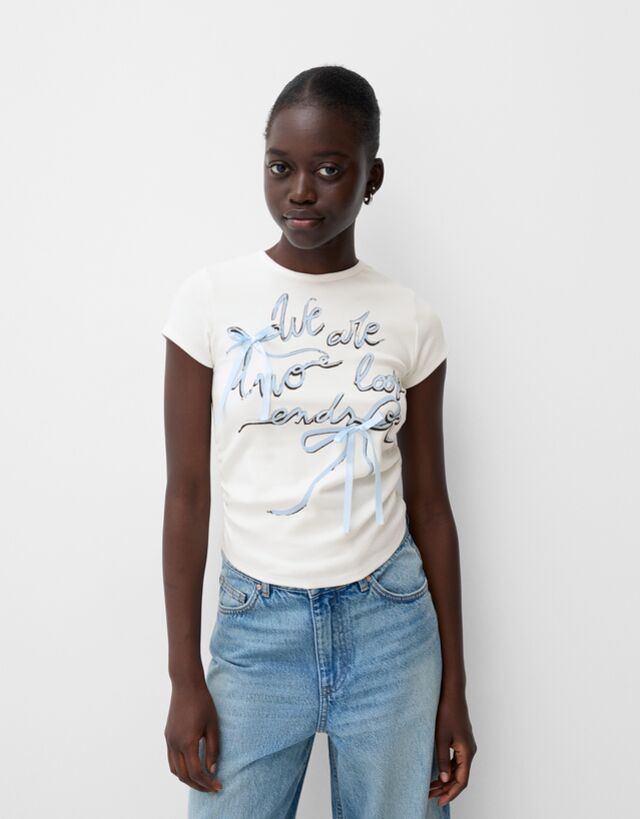 Bershka T-Shirt Mit Kurzen Ärmeln Und Schleifen Damen L Grbrochenes Weiss günstig online kaufen