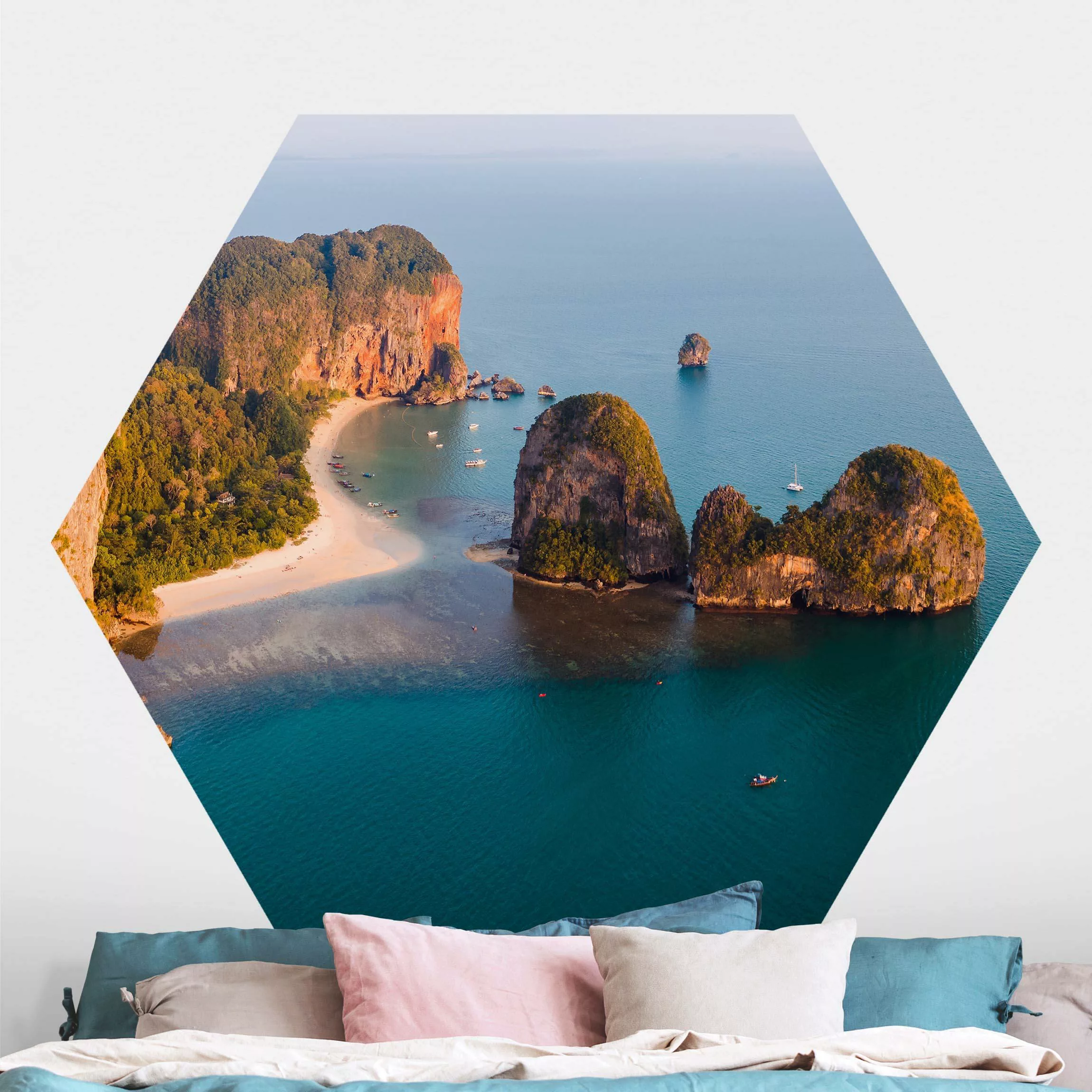 Hexagon Fototapete selbstklebend Sonnenaufgang an der Küste günstig online kaufen