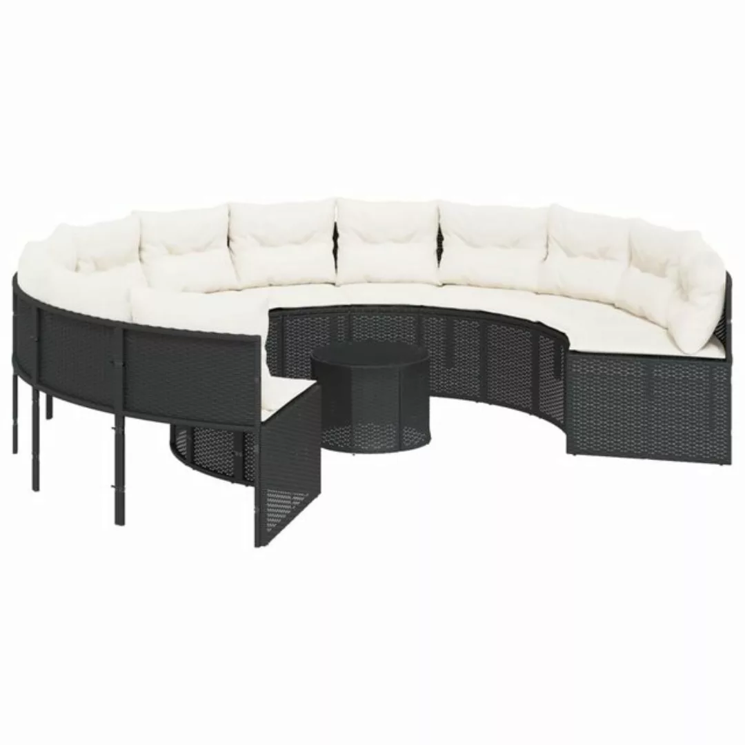 vidaXL Loungesofa Gartensofa mit Tisch und Kissen Rund Schwarz Poly-Rattan, günstig online kaufen