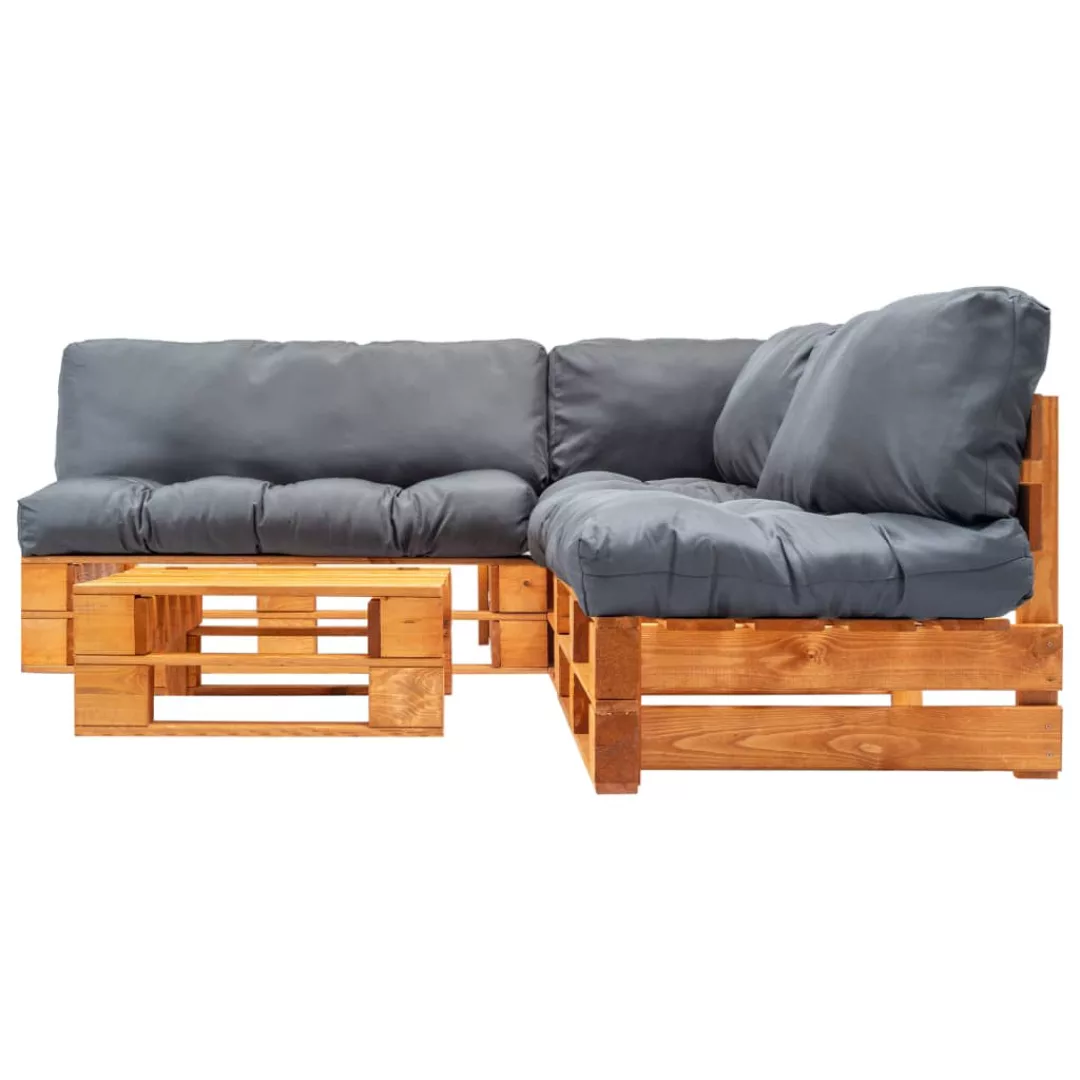 4-tlg. Garten-paletten-sofagarnitur Mit Grauen Kissen Holz günstig online kaufen