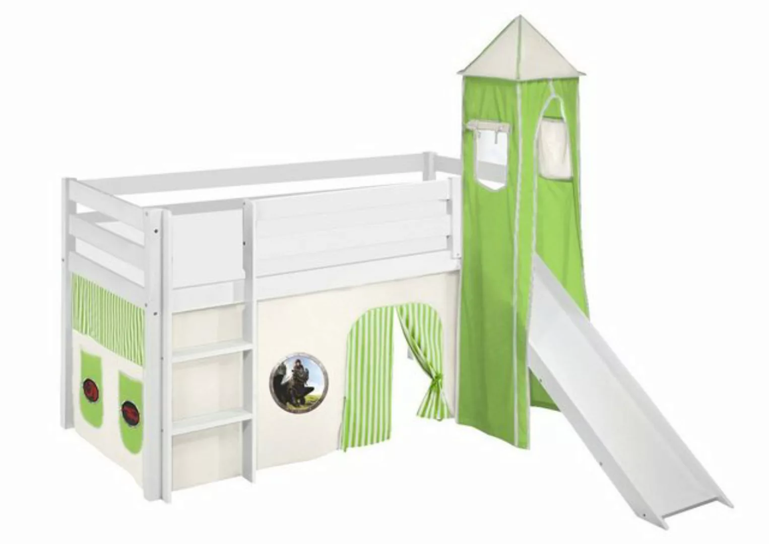 Lilokids Kinderbett Spielbett JELLE Dragons grün - mit Rutsche & Vorhang & günstig online kaufen