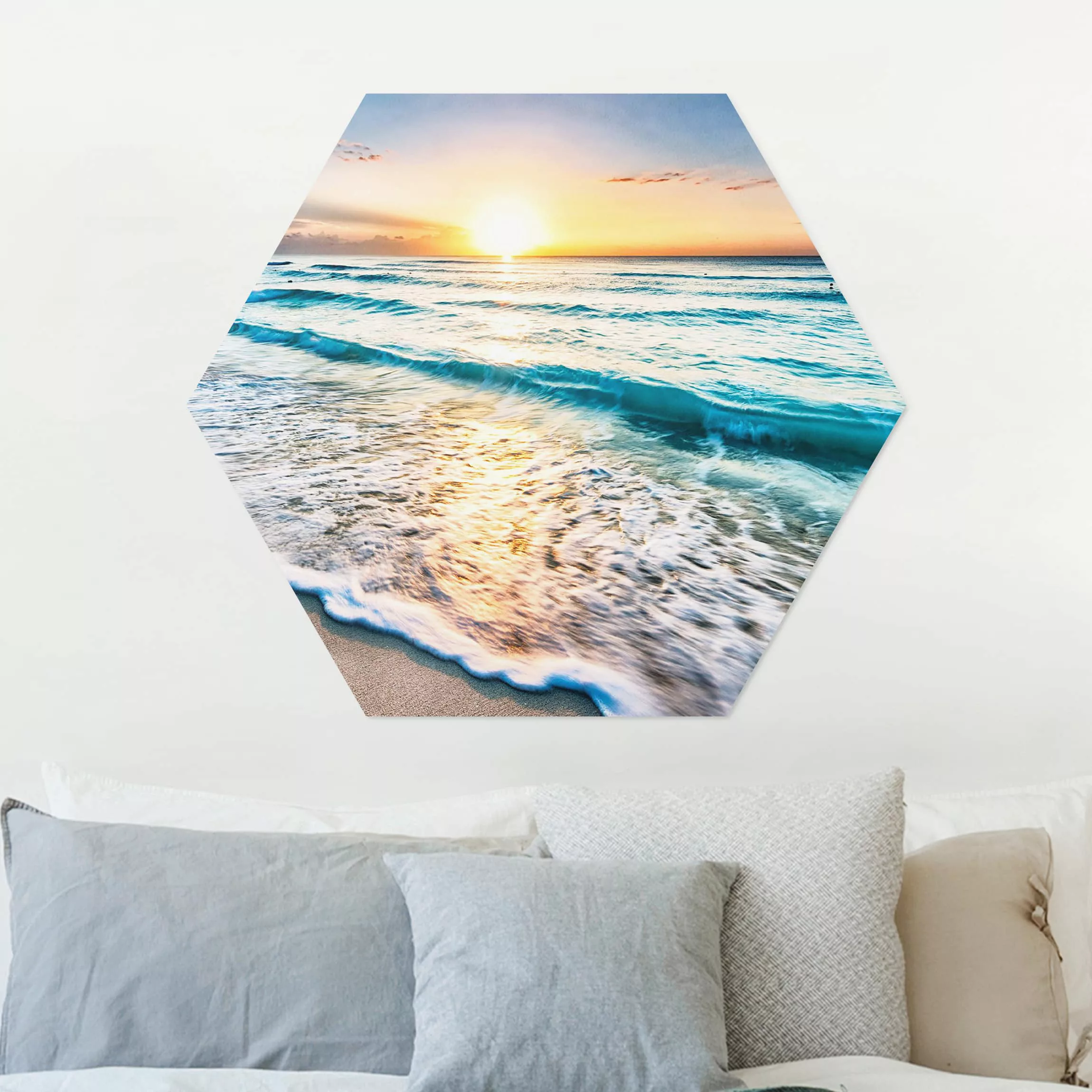 Hexagon-Alu-Dibond Bild Natur & Landschaft Sonnenuntergang am Strand günstig online kaufen