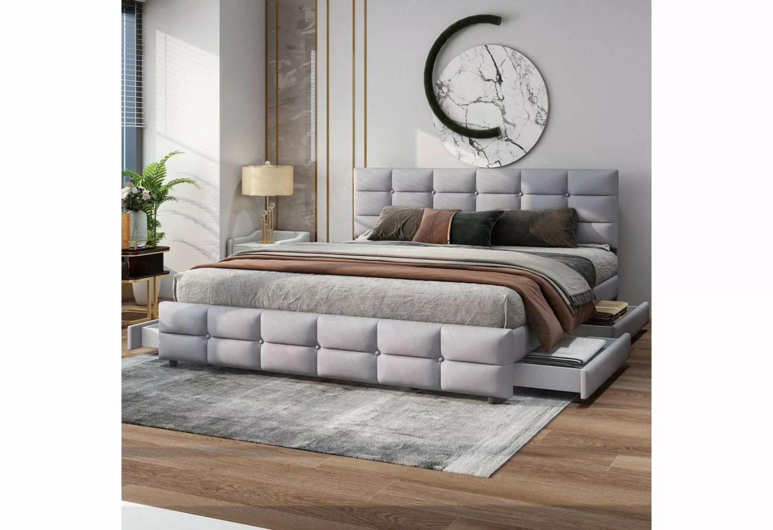 OKWISH Polsterbett Funktionsbett 180 x 200 cm, Doppelbett mit 4 Schubladen günstig online kaufen