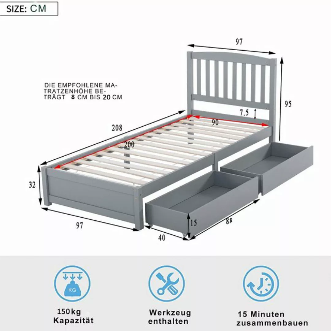 Flieks Einzelbett, Massivholzbett Kiefer Kinderbett mit 2 Schubladen 90x200 günstig online kaufen