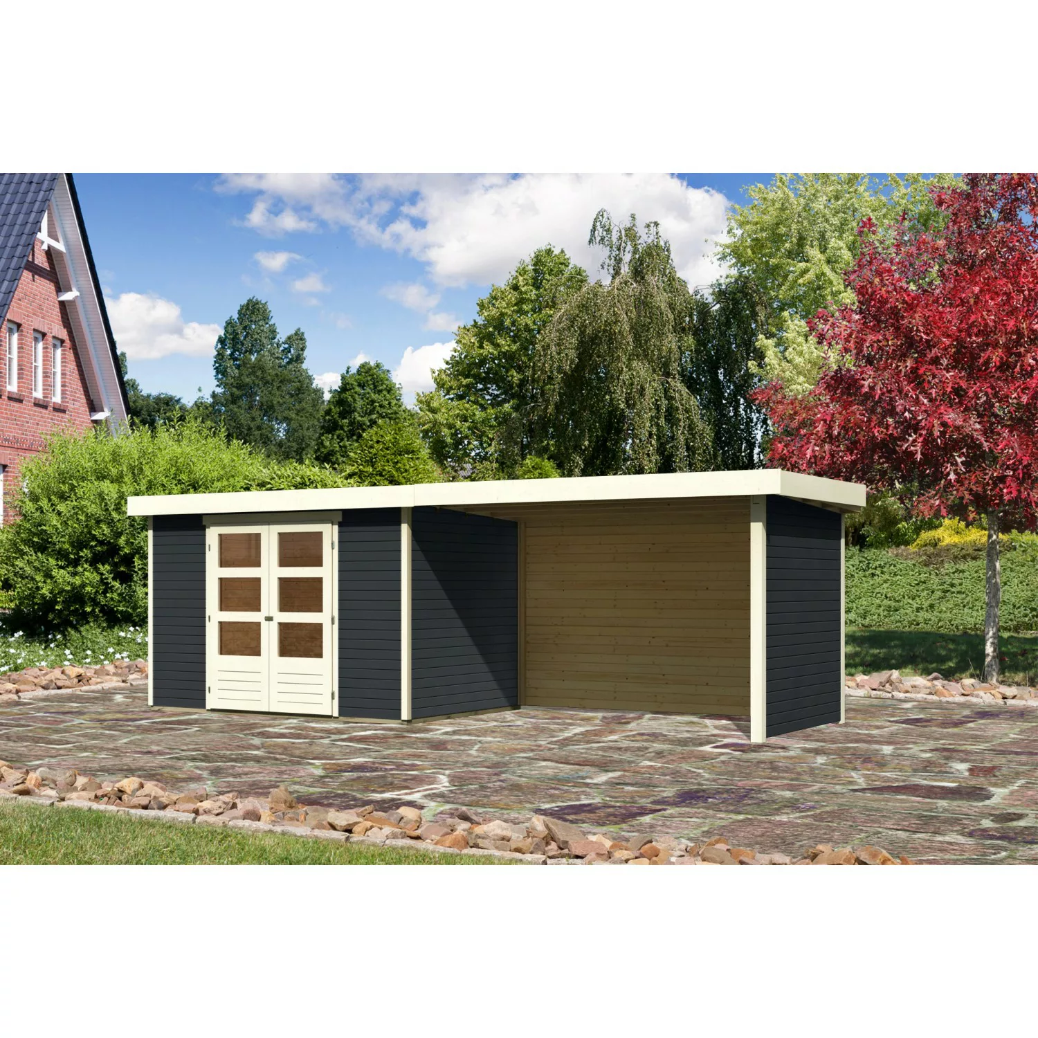 Karibu Gartenhaus Boras 4 Anthrazit 557x217 cm mit Anbaudach und Seiten-Rüc günstig online kaufen