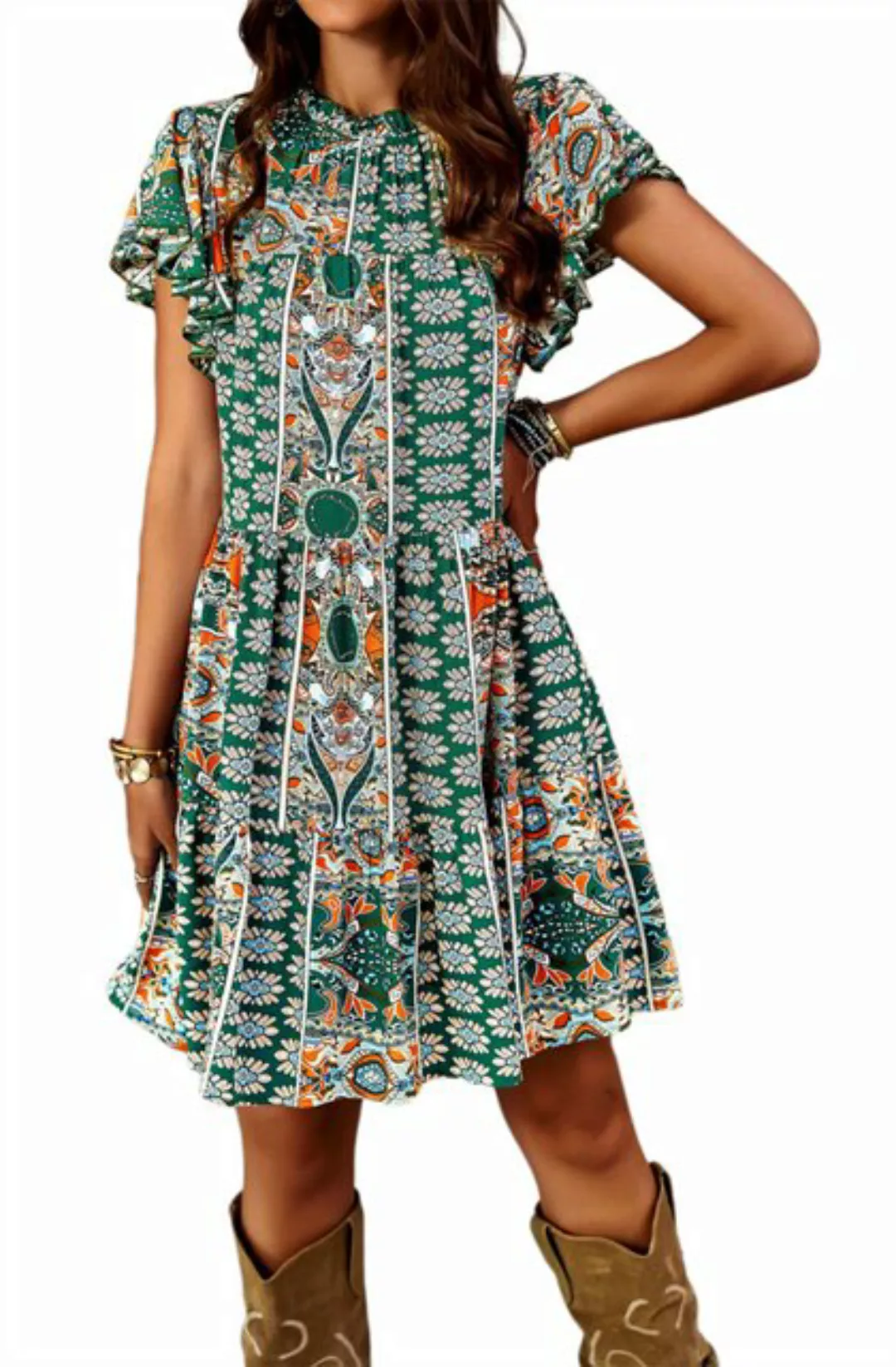 ZWY A-Linien-Kleid Bedrucktes Damenkleid mit kurzen Ärmeln und Rundhalsauss günstig online kaufen
