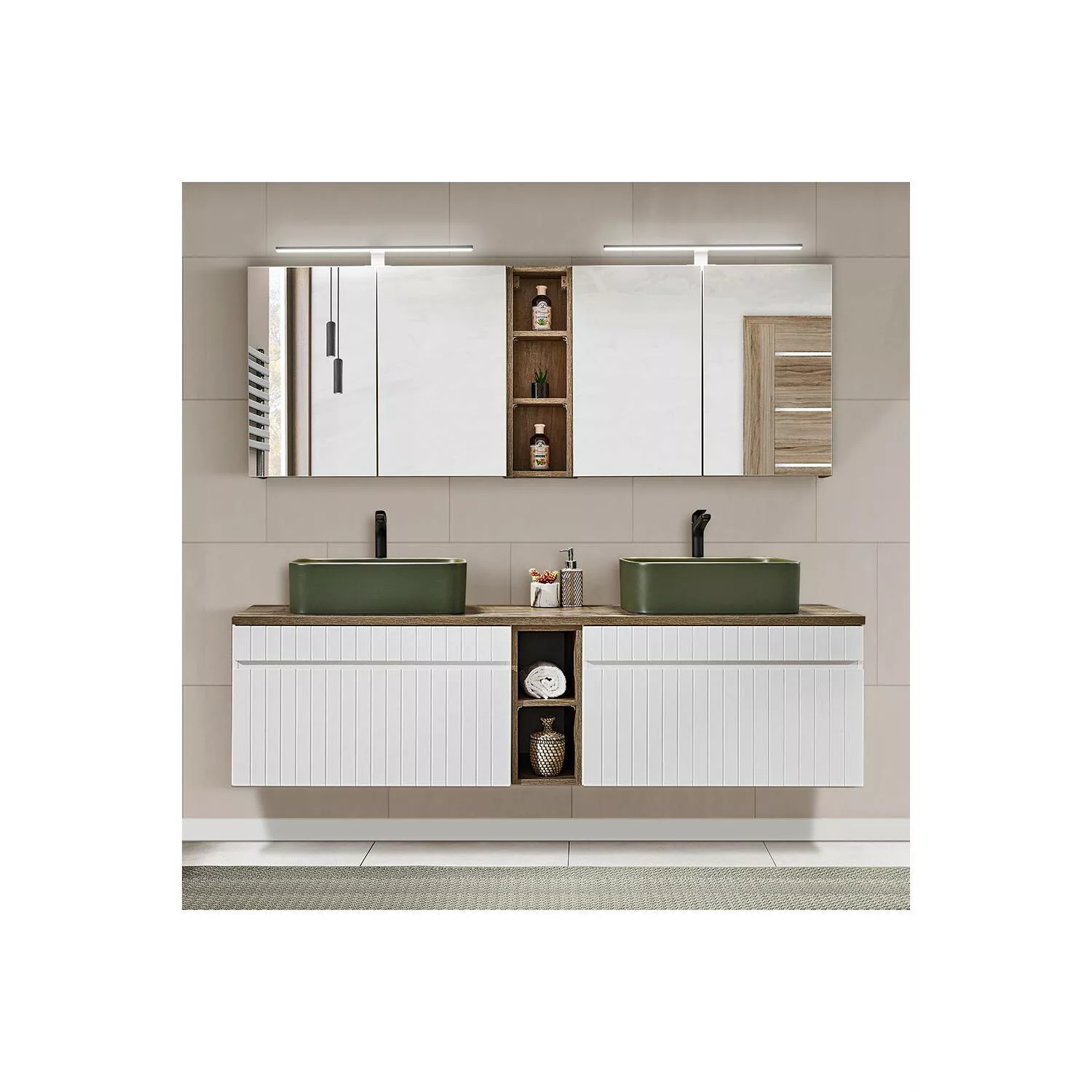 Badezimmermöbel Waschplatz Set IRAKLIO-56 in weiß matt mit Vintage Eiche Nb günstig online kaufen