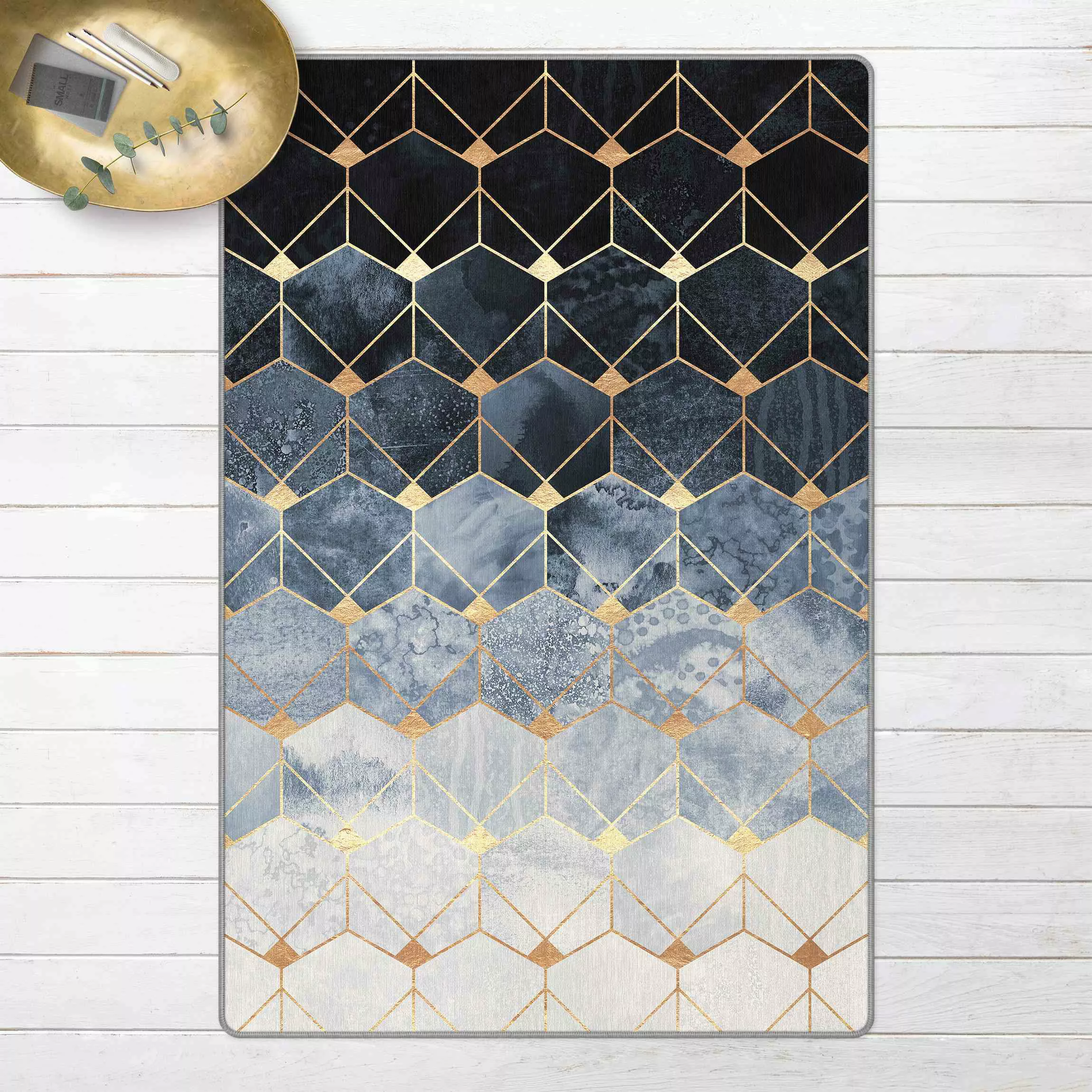 Teppich Blaue Geometrie goldenes Art Deco günstig online kaufen