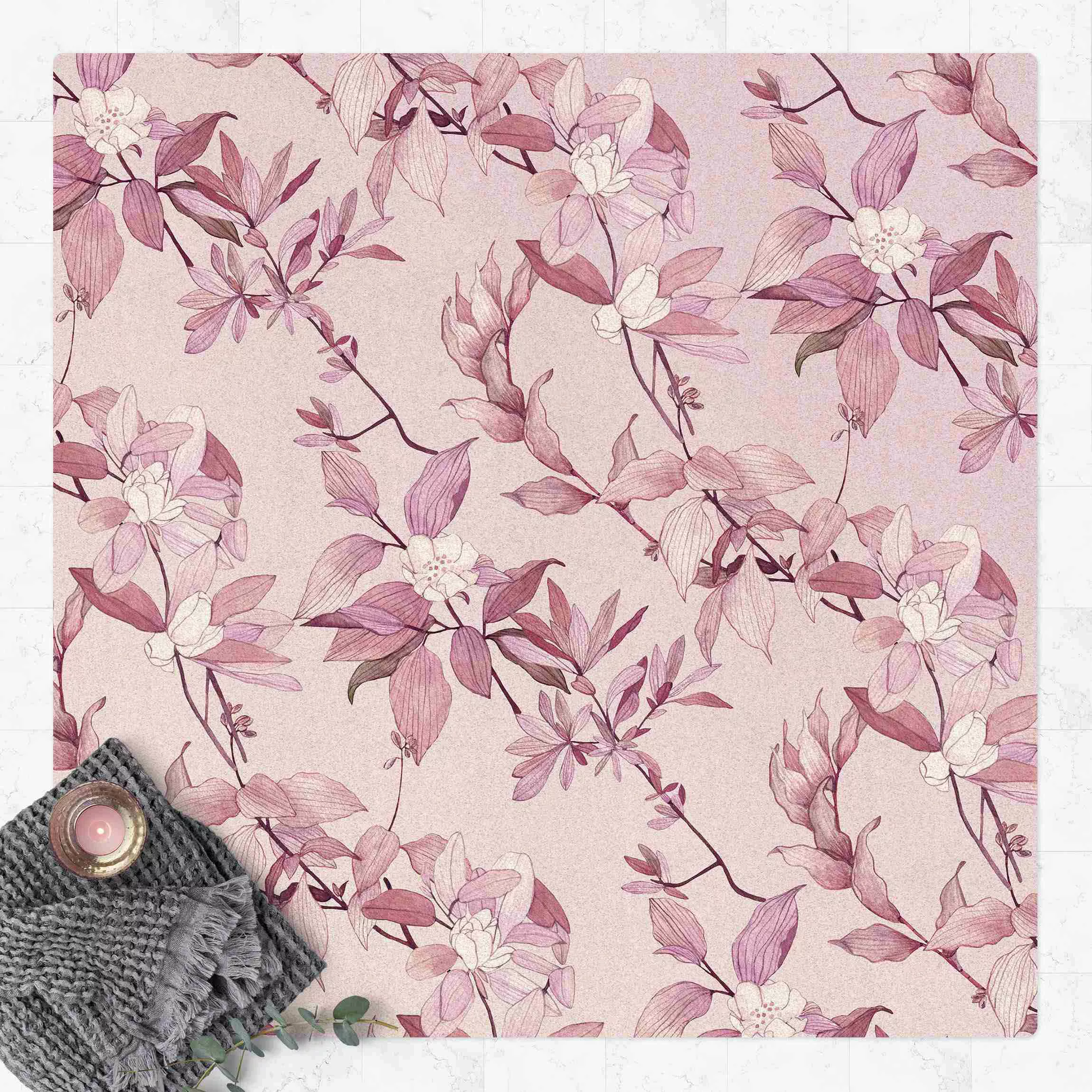 Kork-Teppich Romantisches Blütenaquarell Natur Purpur günstig online kaufen