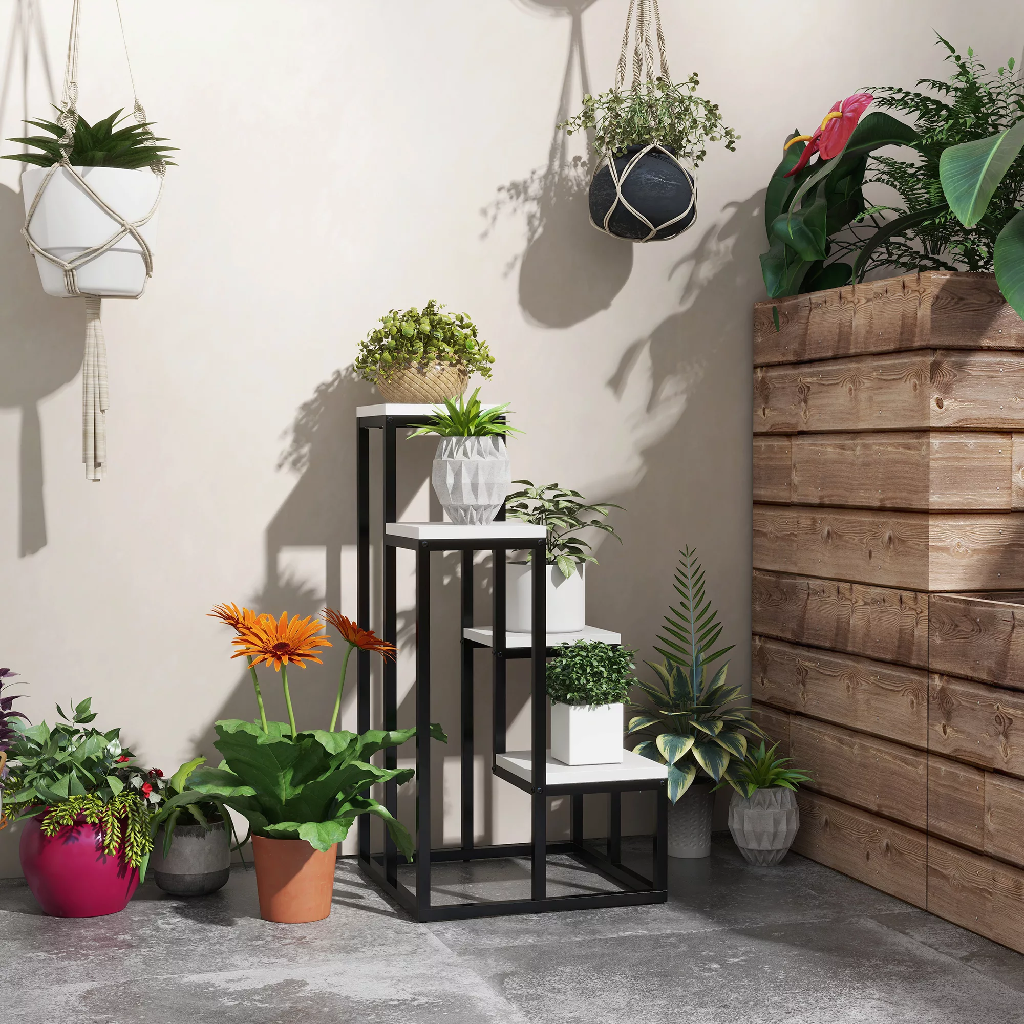 Outsunny Pflanzenständer  Stahl Blumenregal, 4 Ebenen, für Garten & Balkon, günstig online kaufen