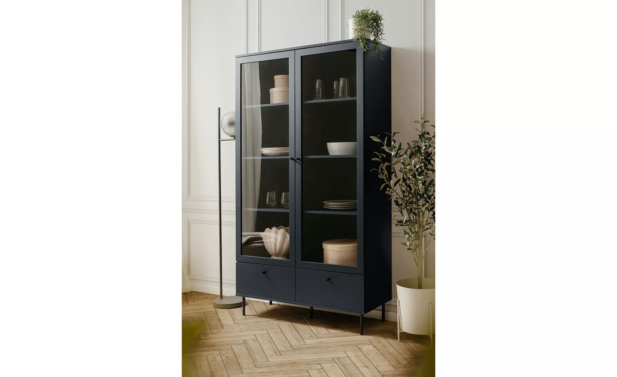 Finori Glasvitrine Vitrine aus Glas CARACAS 52A Glasschrank Navy blau Glast günstig online kaufen