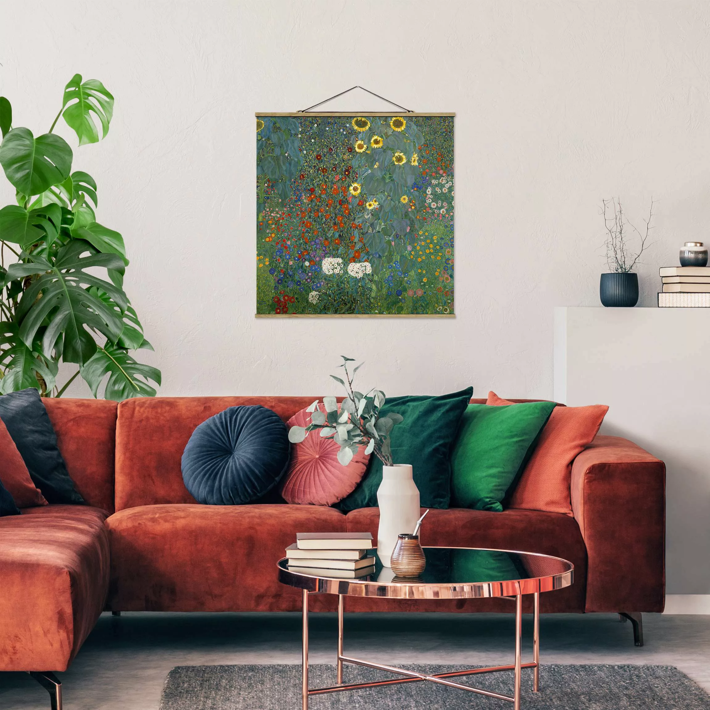Stoffbild Kunstdruck mit Posterleisten - Quadrat Gustav Klimt - Garten Sonn günstig online kaufen