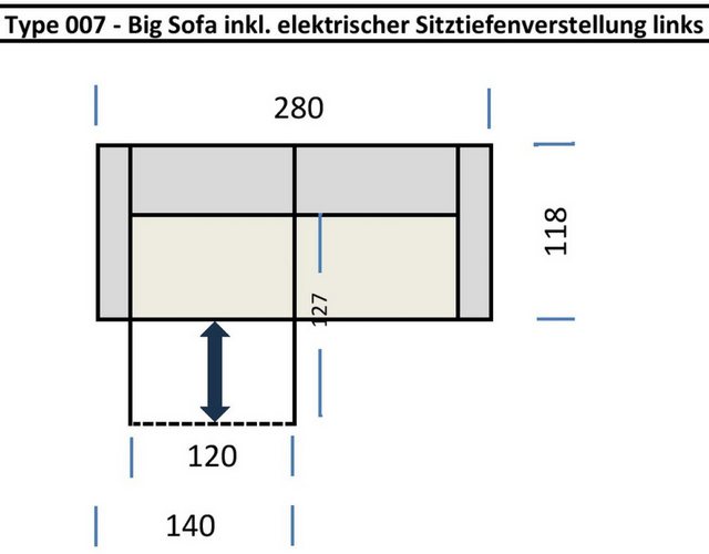 freiraum Big-Sofa Wolve, elektr. Sitzverstellung, 2 Kissen, silbergrau - 28 günstig online kaufen