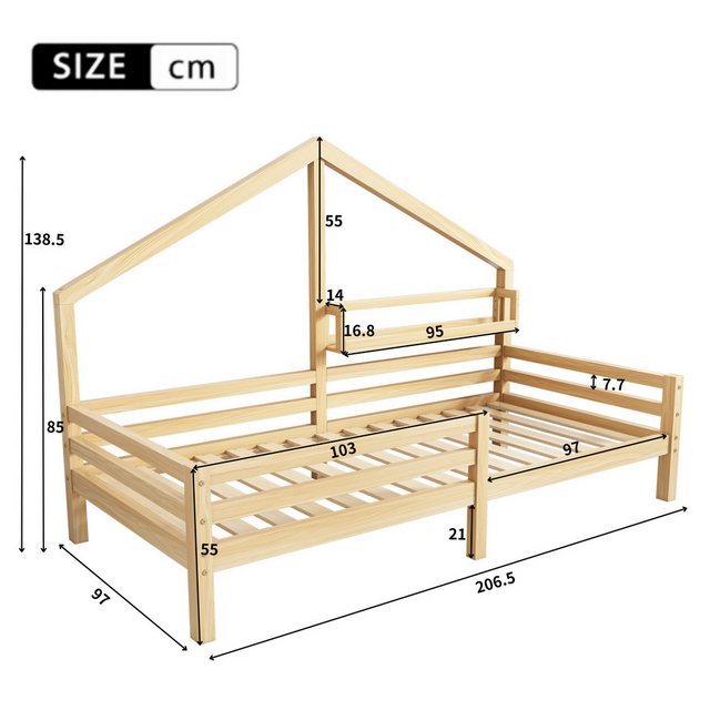 Flieks Kinderbett, Massivholz Einzelbett Hausbett mit Ablageregal 90x200cm günstig online kaufen