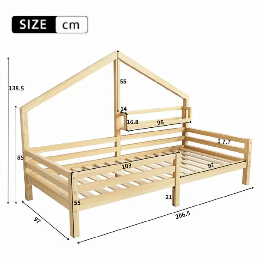 Flieks Kinderbett, Massivholz Einzelbett Hausbett mit Ablageregal 90x200cm günstig online kaufen