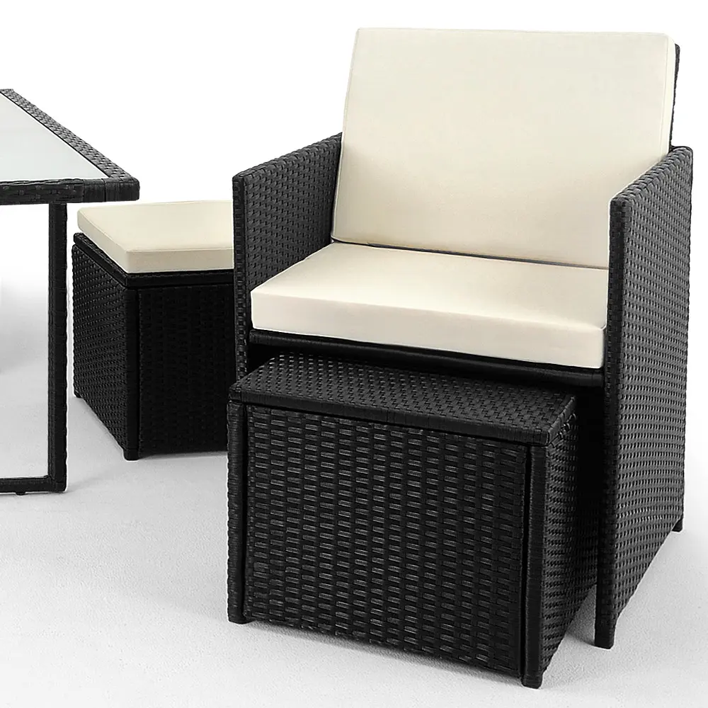 Polyrattan Garten-Sitzgruppe 11-tlg Schwarz/Creme Glastisch günstig online kaufen