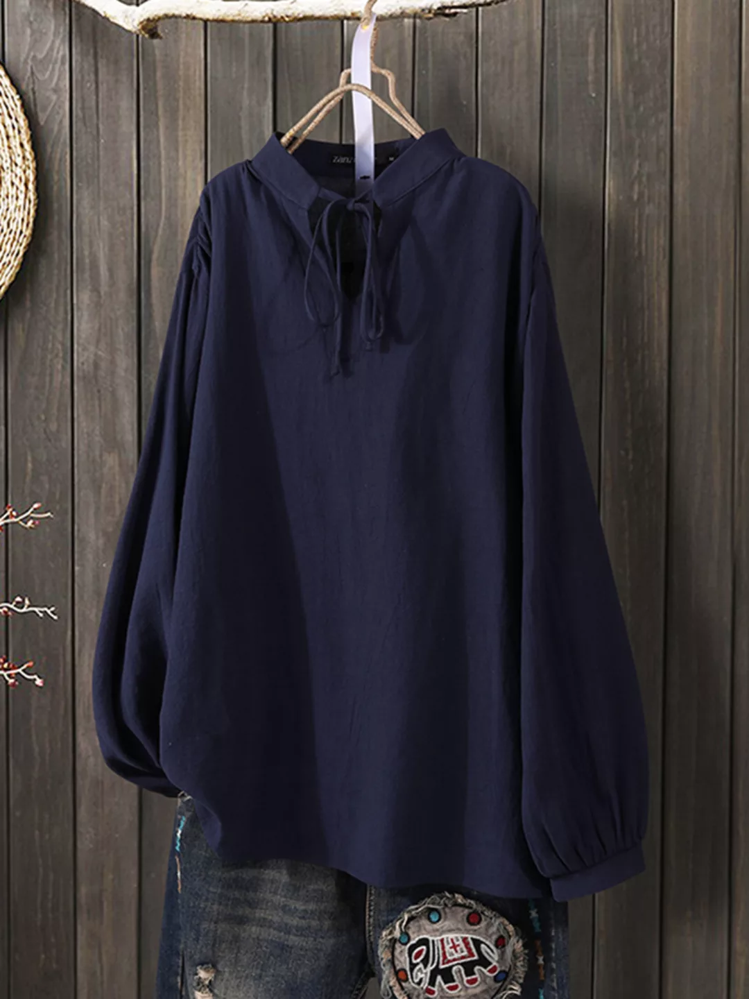 Lässige einfarbige Knoten Langarm Plus Größe Bluse günstig online kaufen
