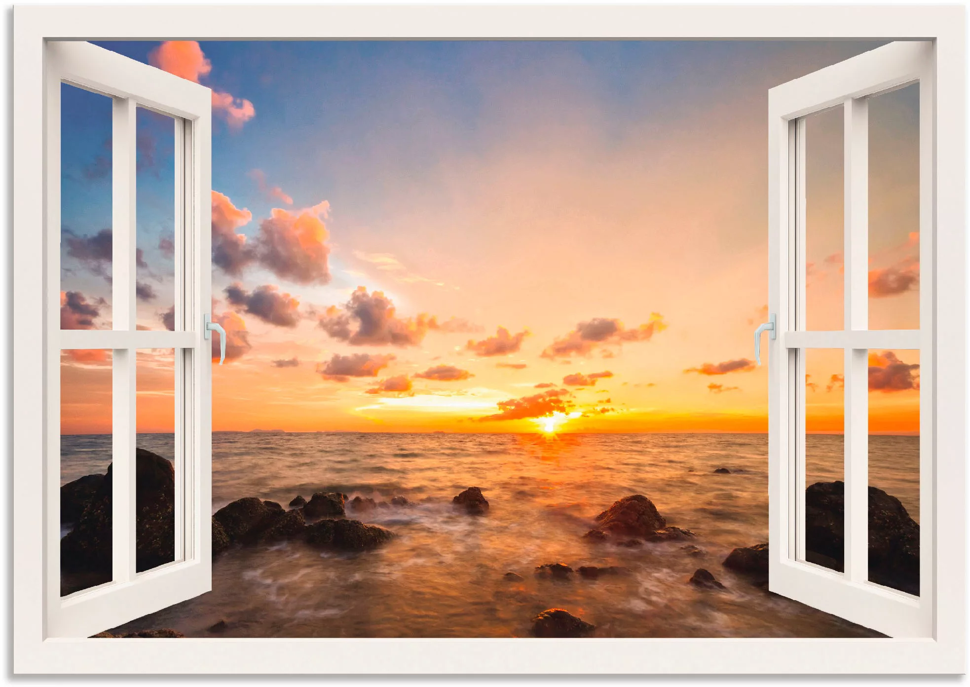 Artland Wandbild "Fensterblick Sonnenuntergang am Meer", Fensterblick, (1 S günstig online kaufen