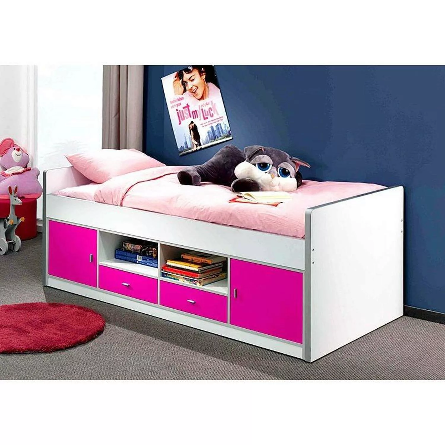 Lomadox Kinderbett, 90x200cm, mit viel Stauraum, weiß/magenta günstig online kaufen