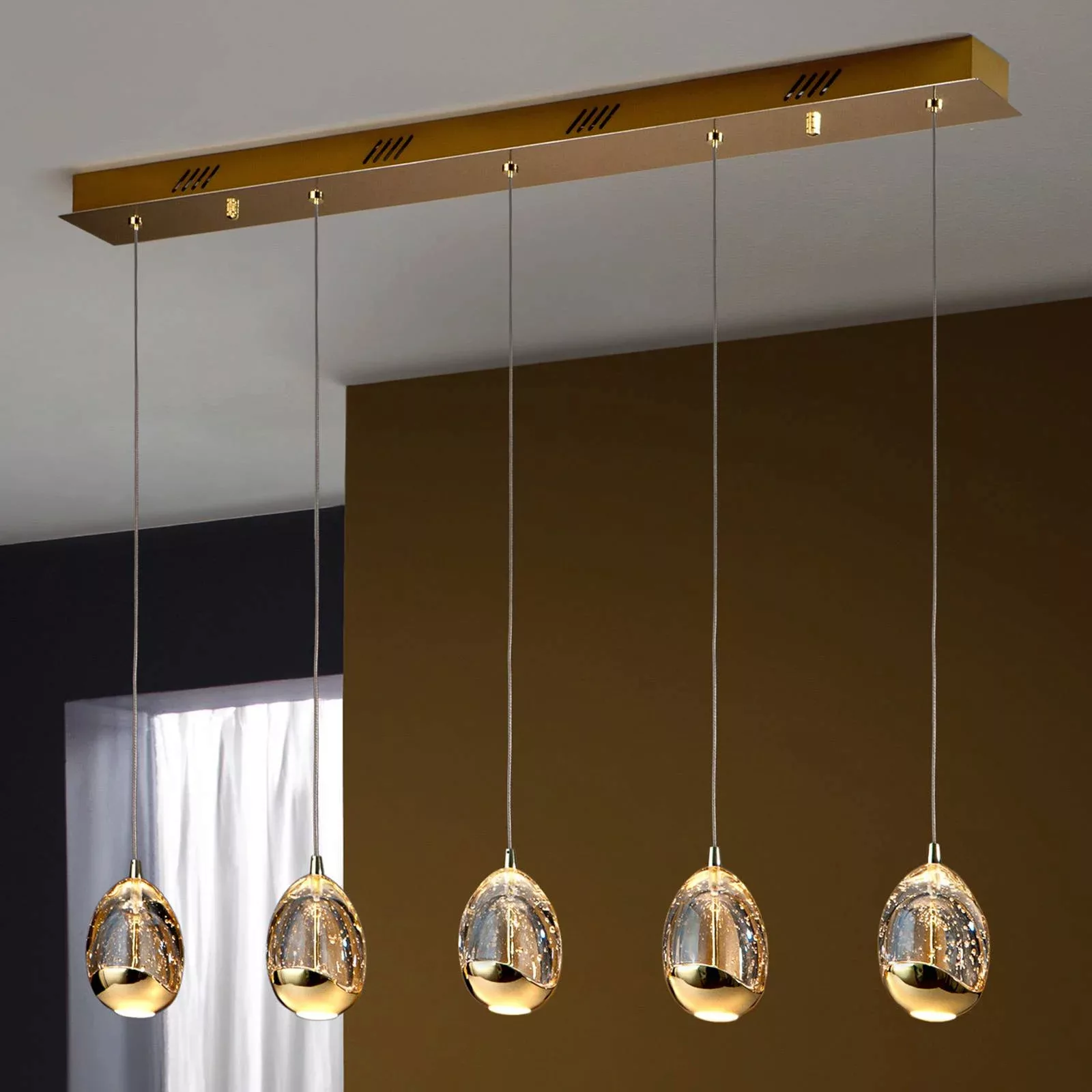 LED-Balkenpendelleuchte Rocio, 5flg., Metall, Glas, gold günstig online kaufen
